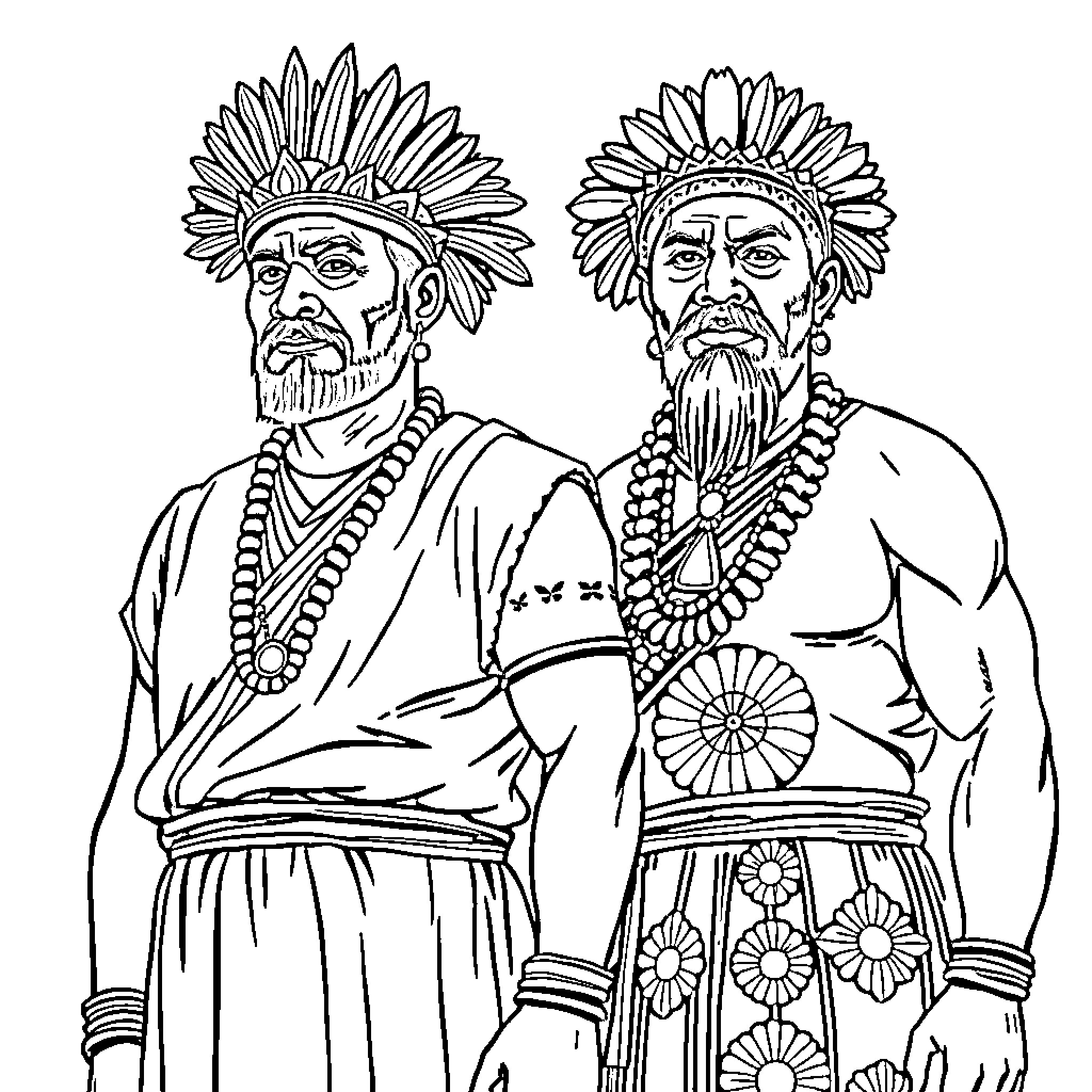 Māori Men in Traditional Ceremonial Attire Coloring Page (free black-and-white line drawing printable PDF for all, from beginners to advanced learners, including children, teens, adults, and seniors)