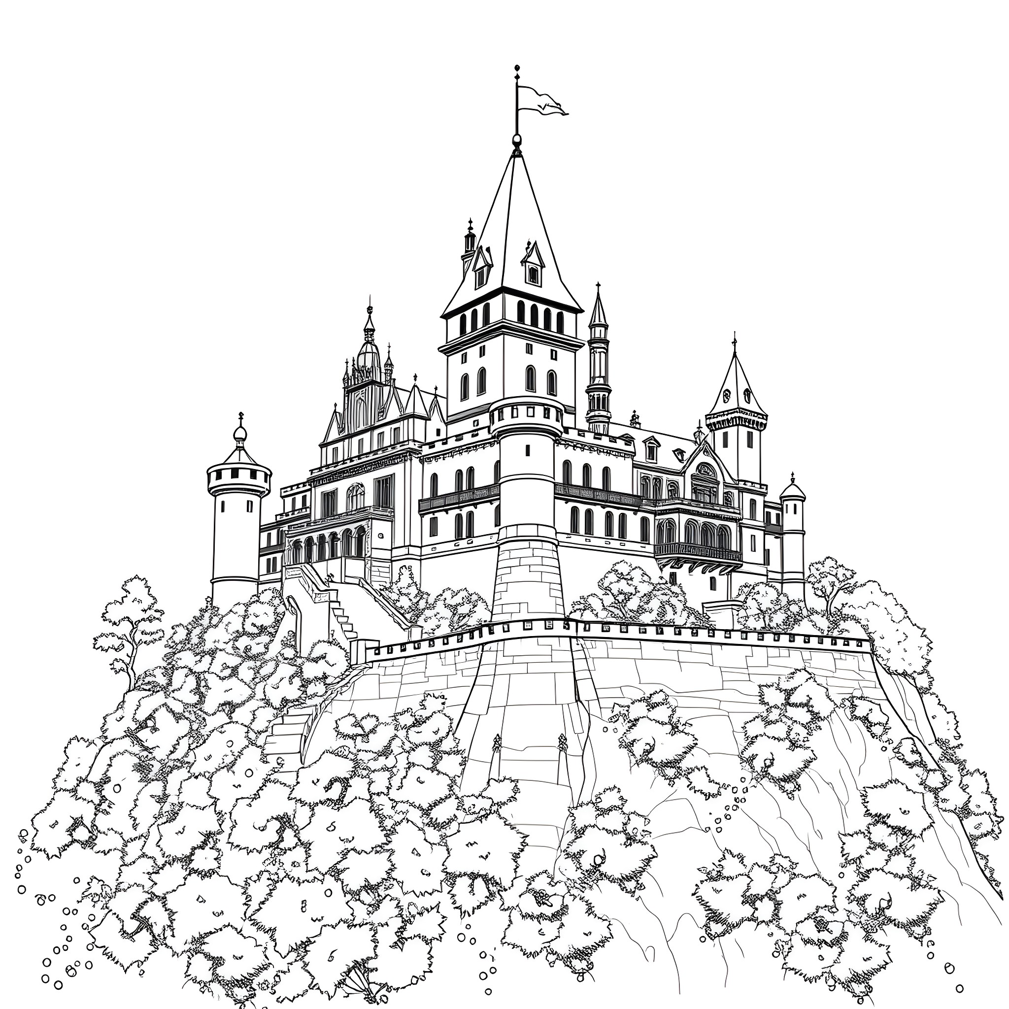 Renaissance Castle with Intricate Architecture and Ornate Details Coloring Page (free black-and-white line drawing printable PDF for all, from beginners to advanced learners, including children, teens, adults, and seniors)