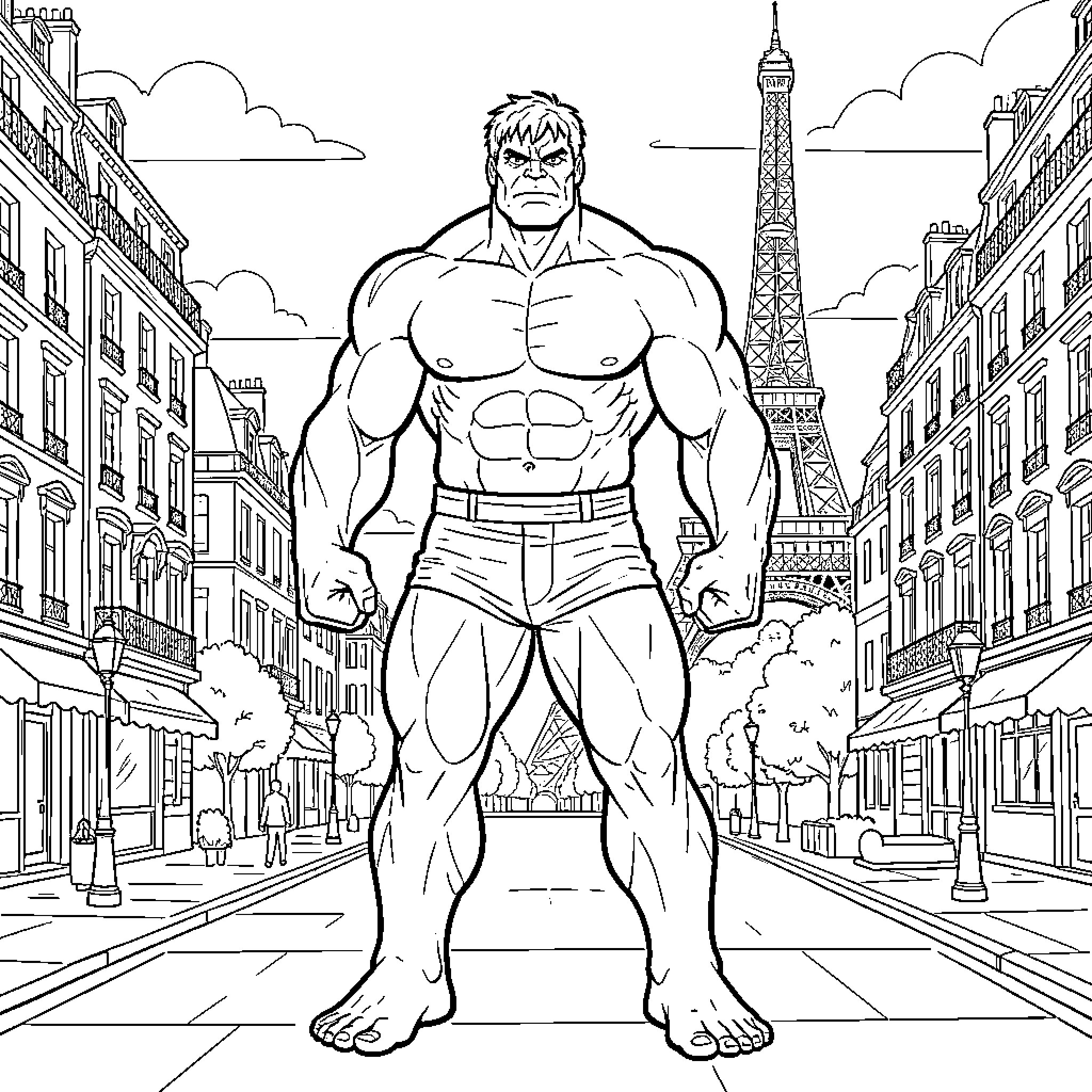 Hulk Stands Tall in Parisian Street Coloring Page (free black-and-white line drawing printable PDF for all, from beginners to advanced learners, including children, teens, adults, and seniors)