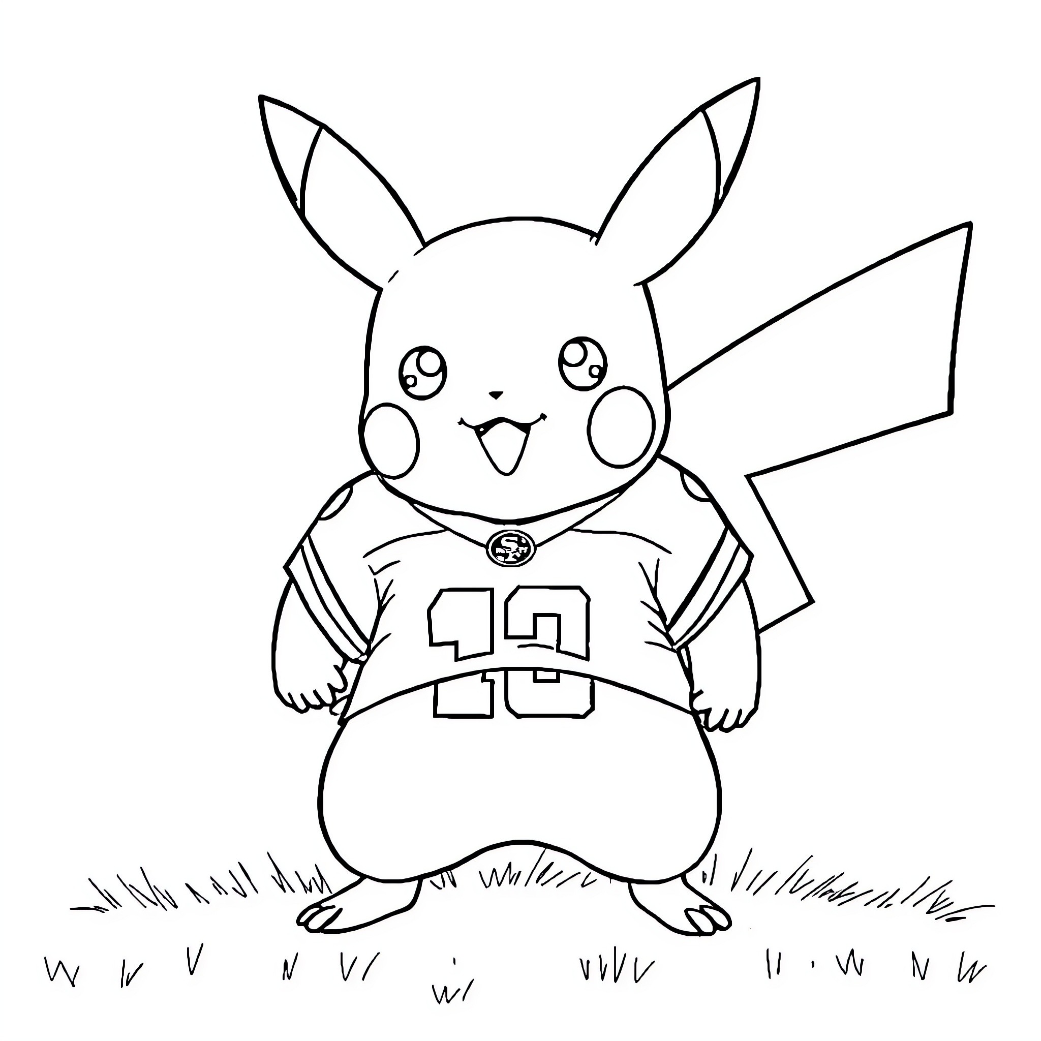 Pikachu playing happily in the field Coloring Page (free black-and-white line drawing printable PDF for all, from beginners to advanced learners, including children, teens, adults, and seniors)