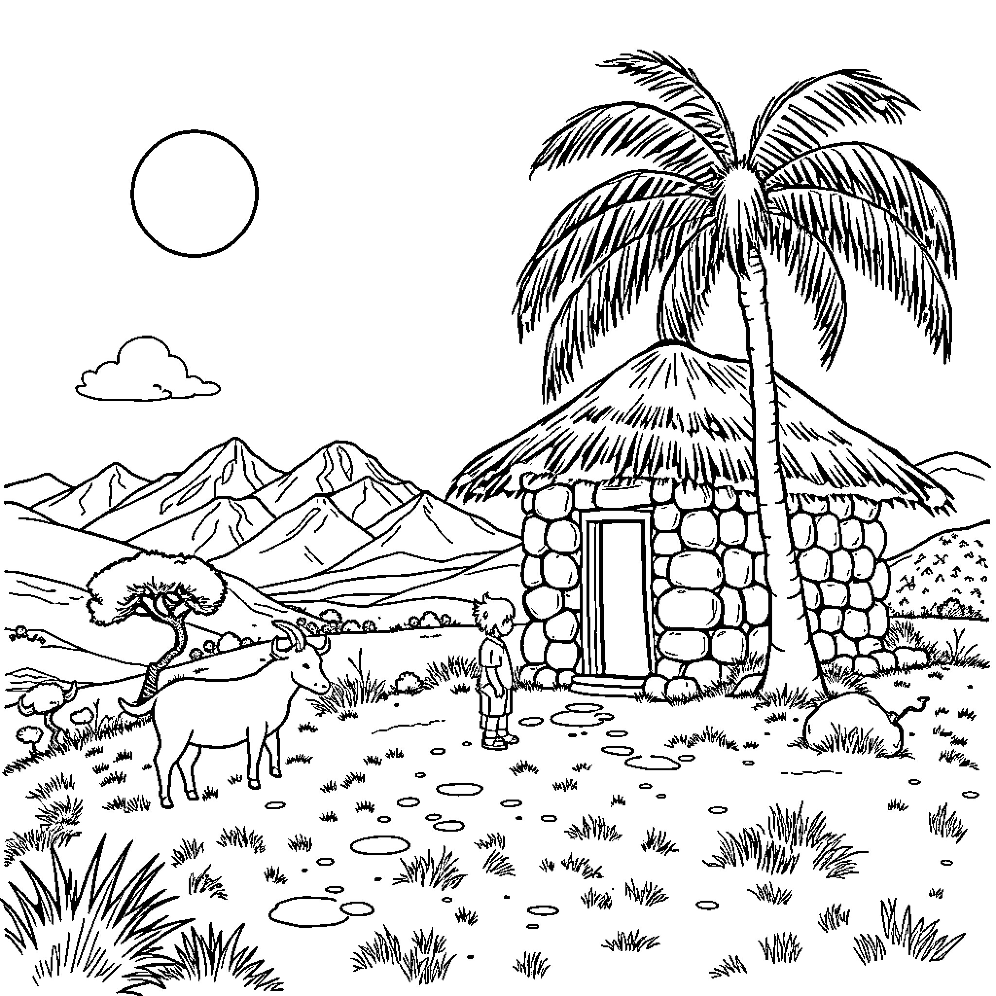 Paisaje with a stone hut, palm tree, and animals in the desert Coloring Page (free black-and-white line drawing printable PDF for all, from beginners to advanced learners, including children, teens, adults, and seniors)