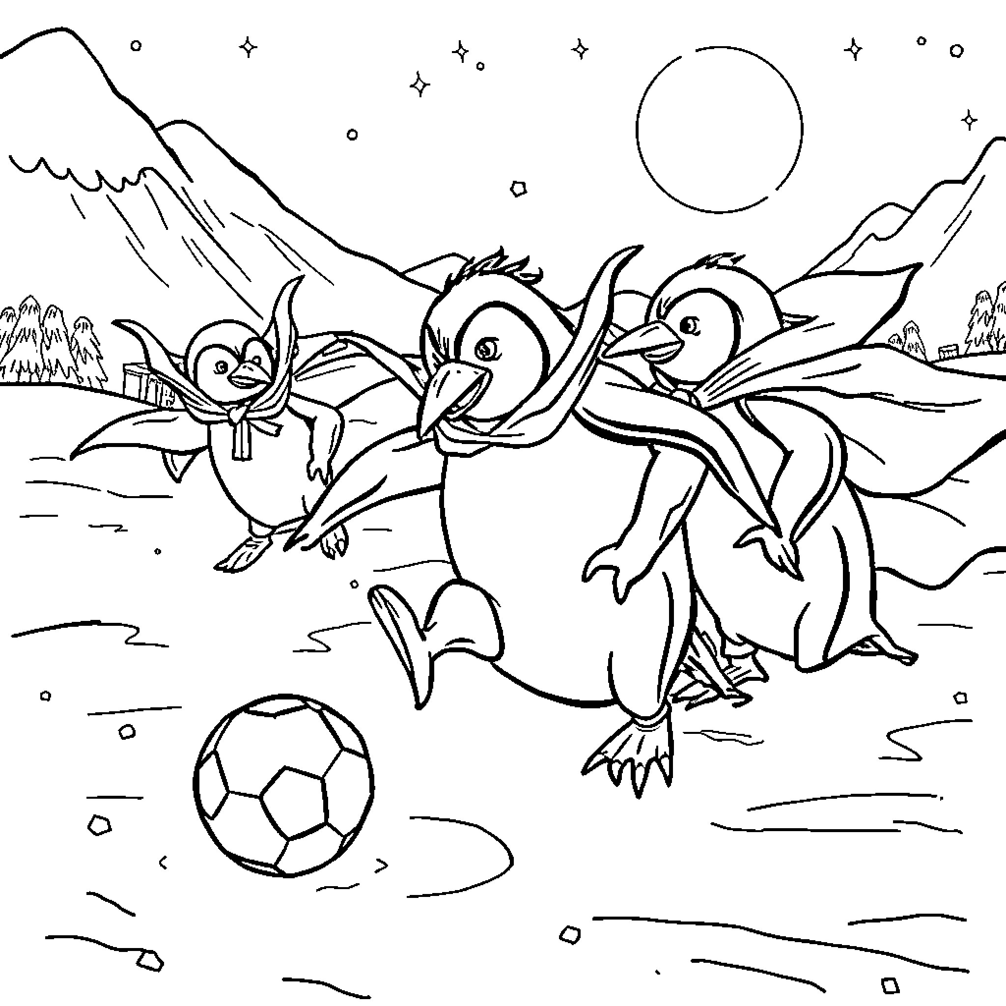 Penguins playing soccer in snowy mountains Coloring Page (free black-and-white line drawing printable PDF for all, from beginners to advanced learners, including children, teens, adults, and seniors)