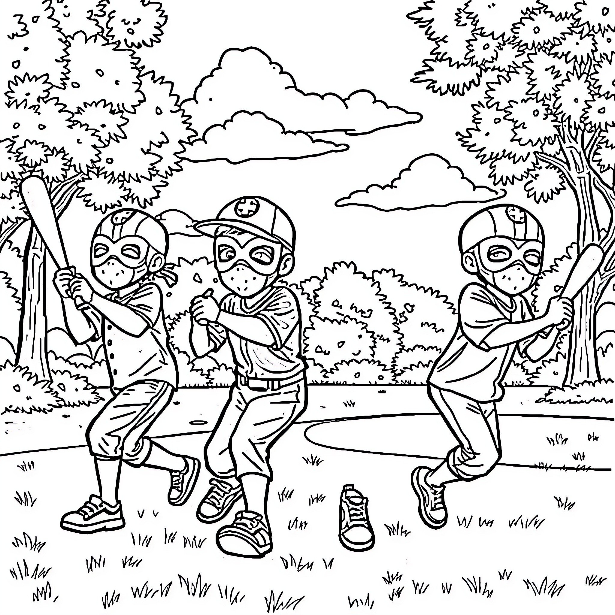 Luchador wrestlers in outdoor match Coloring Page (free black-and-white line drawing printable PDF for all, from beginners to advanced learners, including children, teens, adults, and seniors)