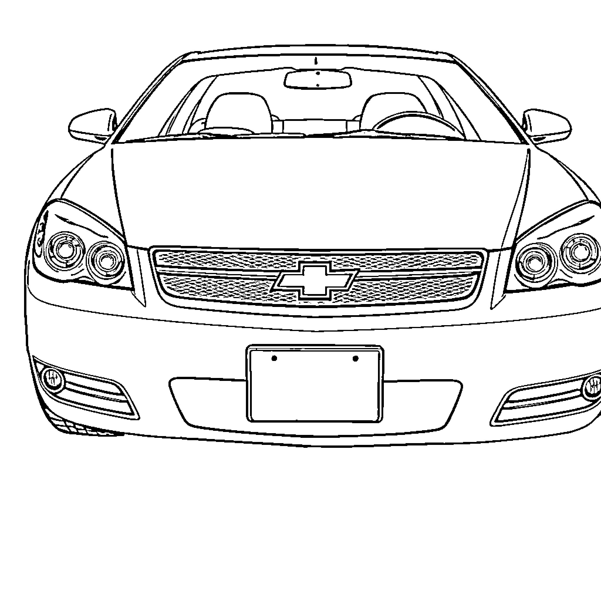 Chevy Impala sedan front view illustration Coloring Page (free black-and-white line drawing printable PDF for all, from beginners to advanced learners, including children, teens, adults, and seniors)