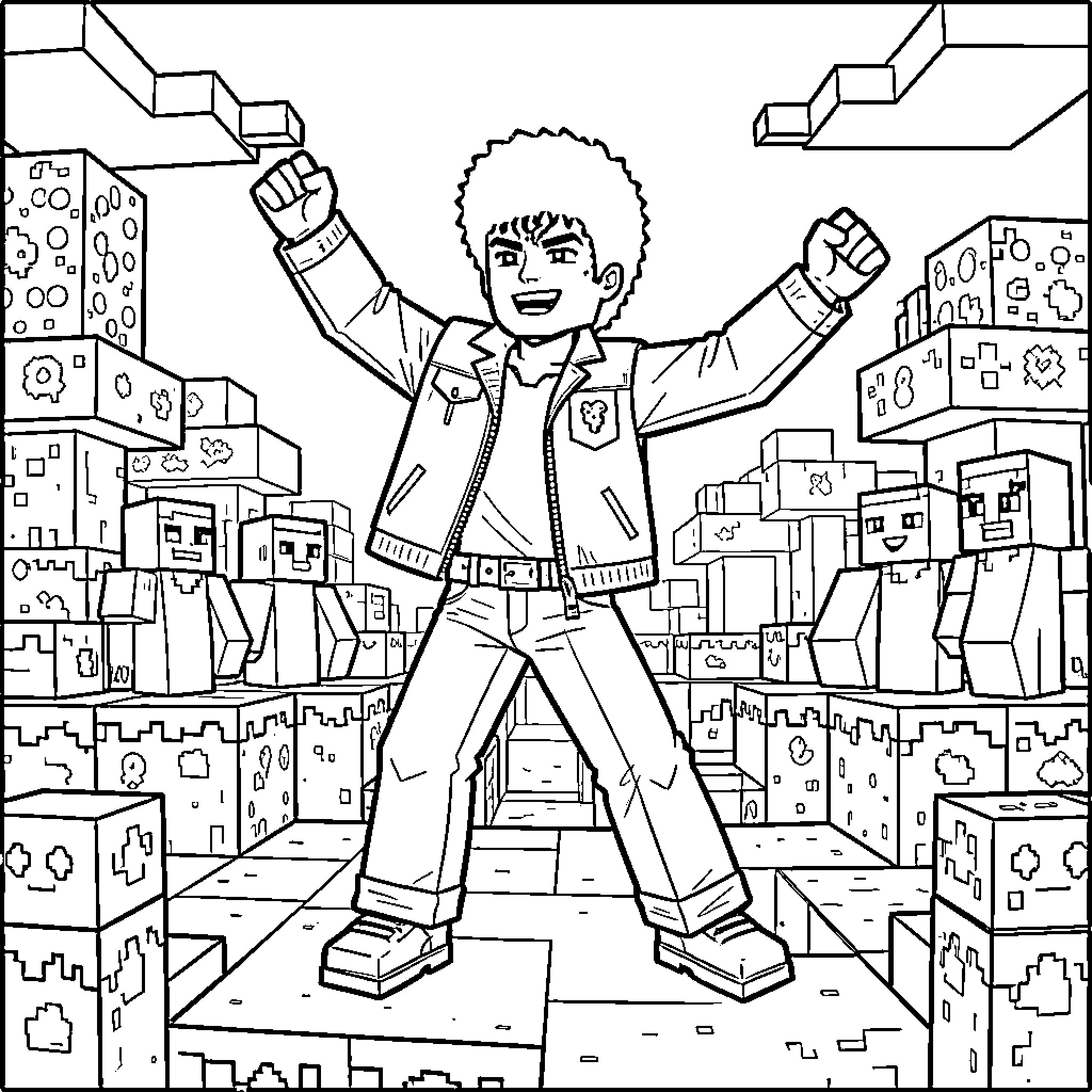 Michael Jackson energetically performing on city stage Coloring Page (free black-and-white line drawing printable PDF for all, from beginners to advanced learners, including children, teens, adults, and seniors)
