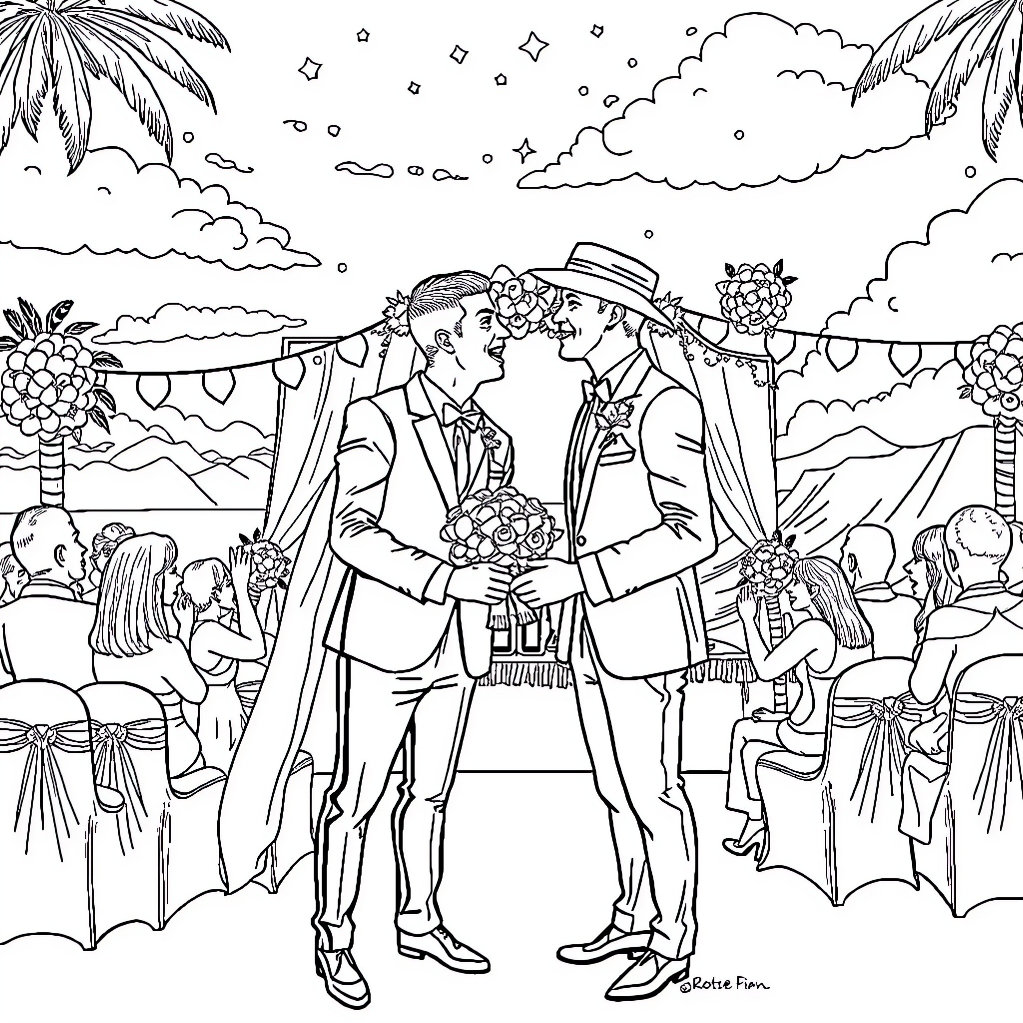 Gay Wedding Celebration Under Palm Trees Coloring Page (free black-and-white line drawing printable PDF for all, from beginners to advanced learners, including children, teens, adults, and seniors)