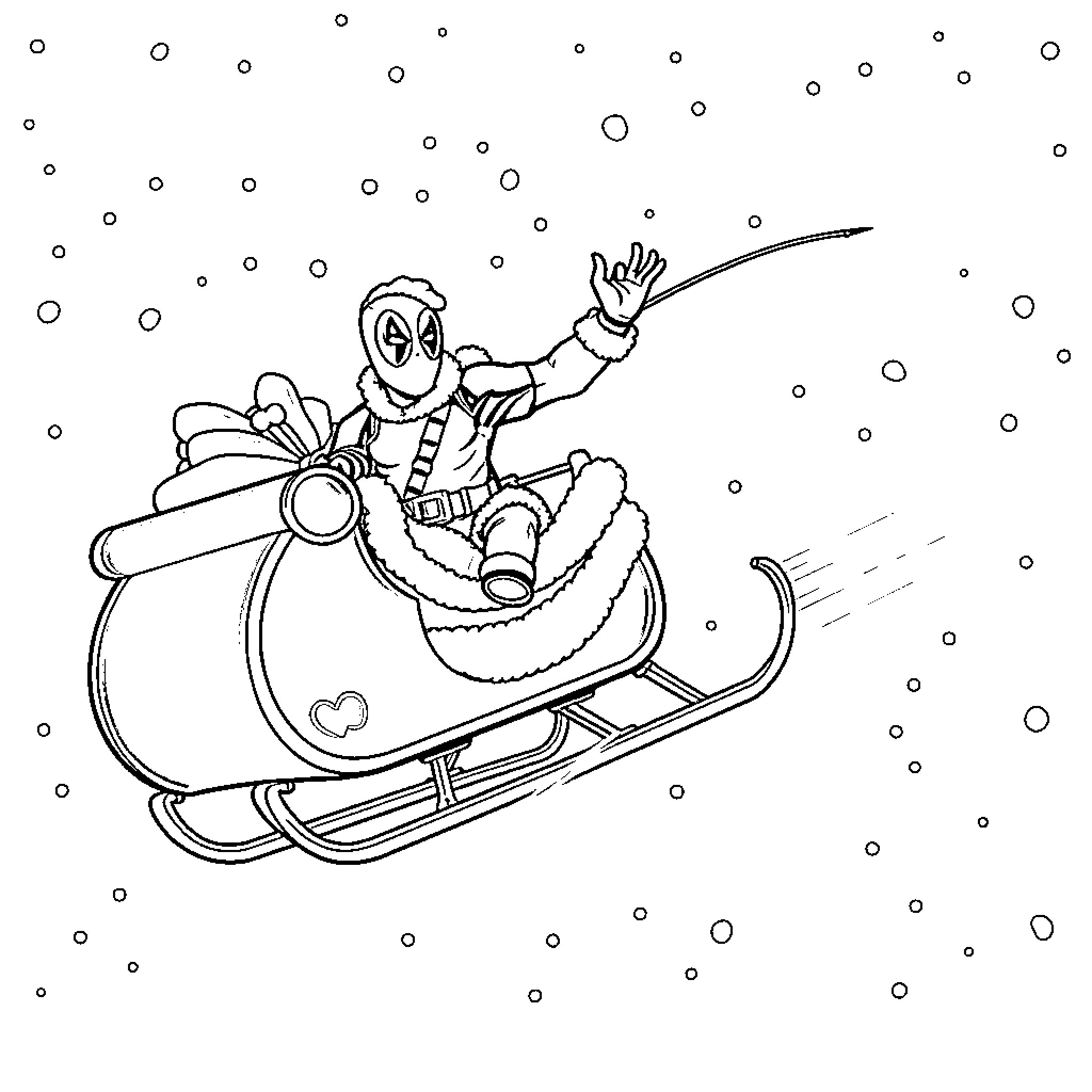 Deadpool enjoying a snowy sleigh ride Coloring Page (free black-and-white line drawing printable PDF for all, from beginners to advanced learners, including children, teens, adults, and seniors)