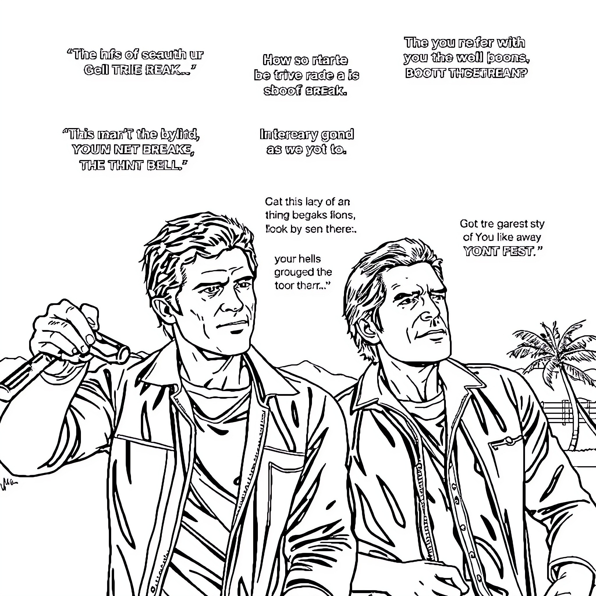 Point Break - Police officers in a confrontation with criminals Coloring Page (free black-and-white line drawing printable PDF for all, from beginners to advanced learners, including children, teens, adults, and seniors)
