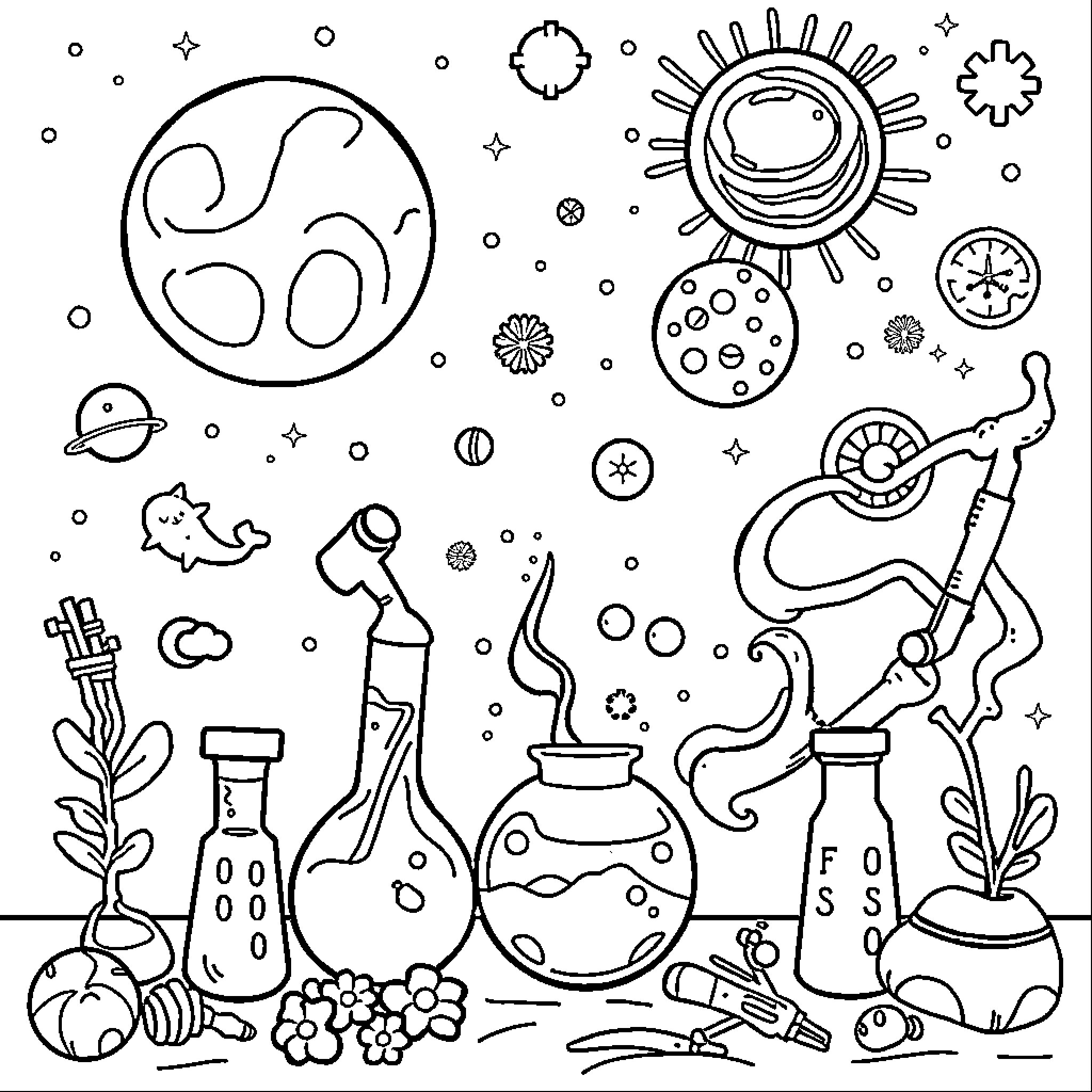 Science experiment with various laboratory equipment Coloring Page (free black-and-white line drawing printable PDF for all, from beginners to advanced learners, including children, teens, adults, and seniors)