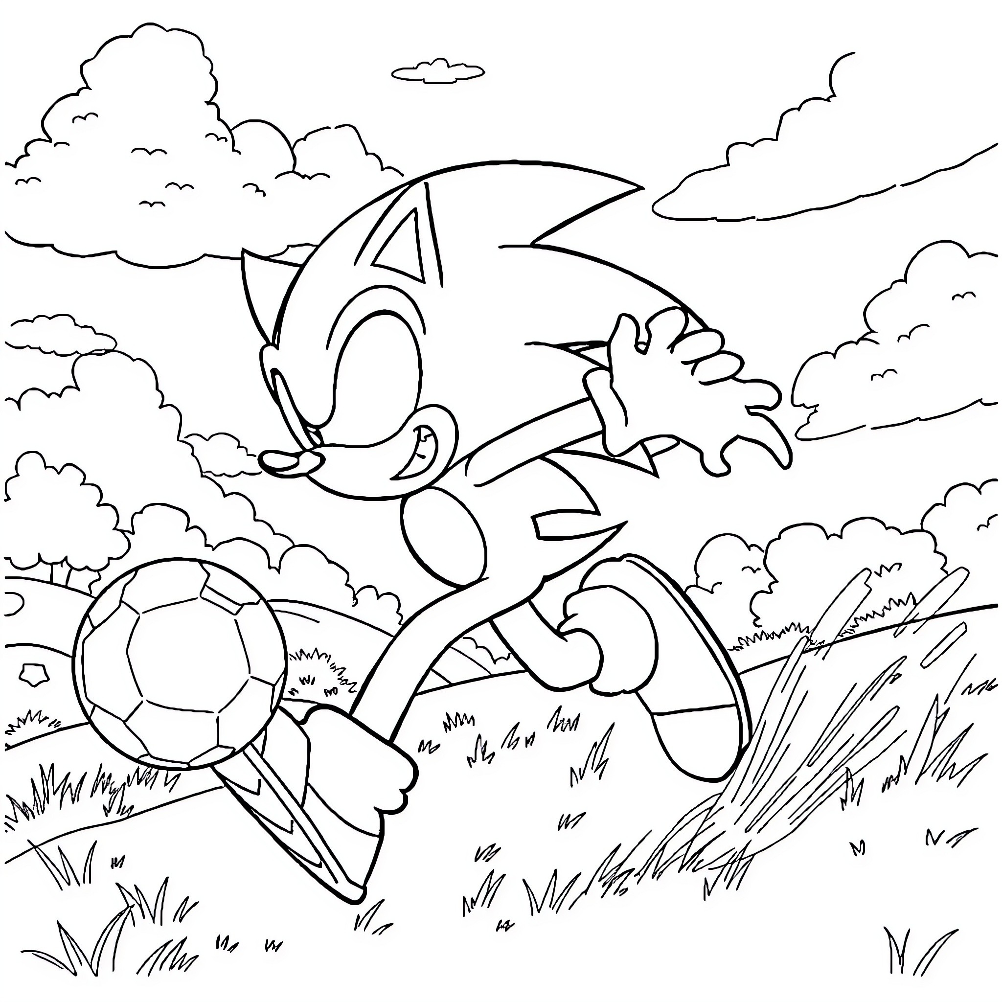 Sonic kicking soccer ball in a grassy field Coloring Page (free black-and-white line drawing printable PDF for all, from beginners to advanced learners, including children, teens, adults, and seniors)