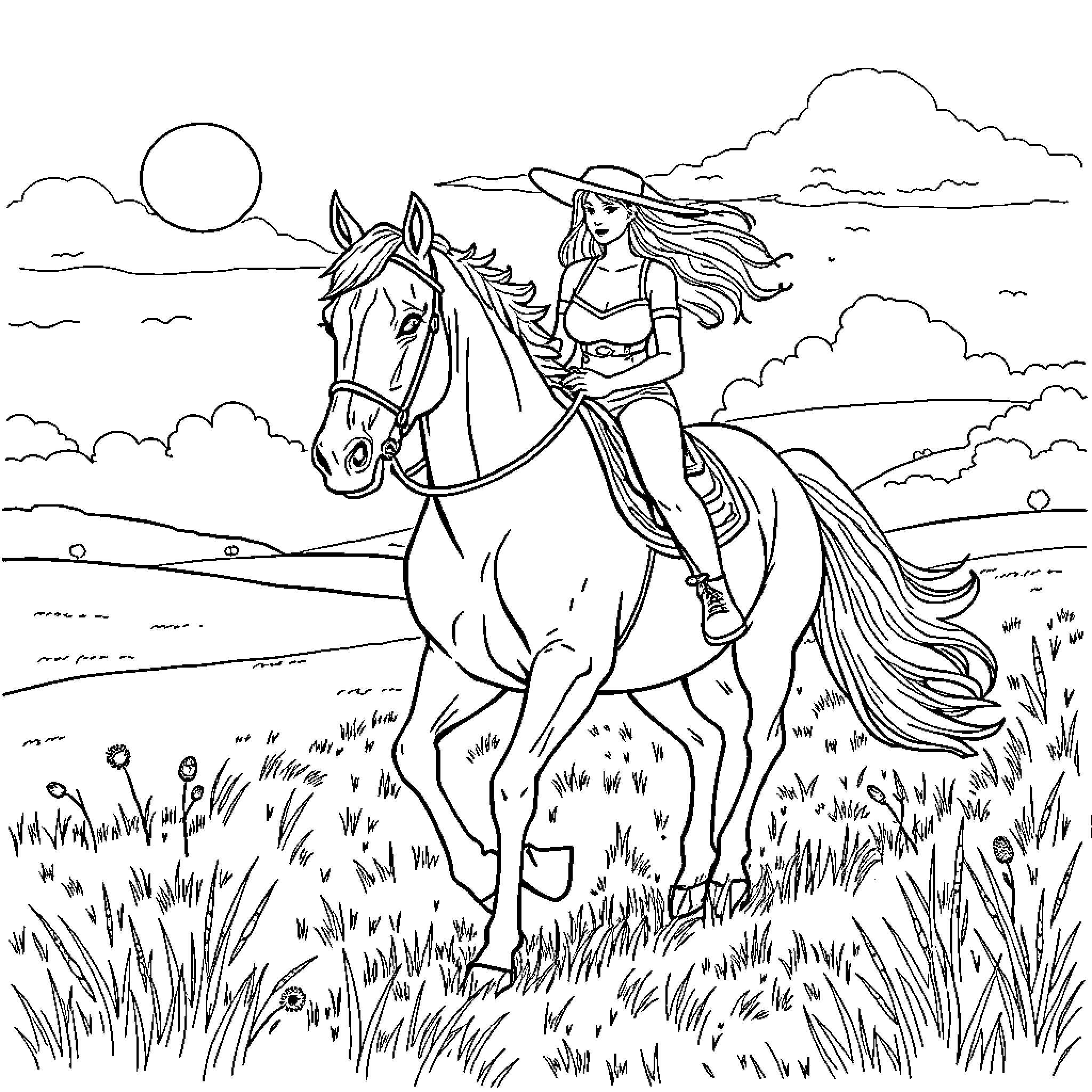 Horse rider enjoying scenic countryside ride Coloring Page (free black-and-white line drawing printable PDF for all, from beginners to advanced learners, including children, teens, adults, and seniors)