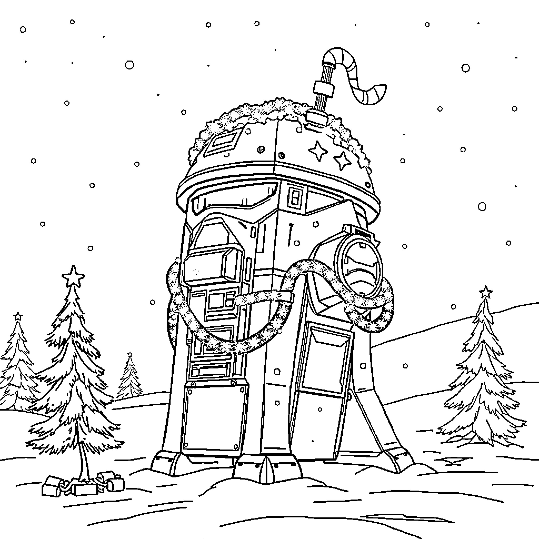 Star Destroyer adorned with festive decorations in snowy landscape Coloring Page (free black-and-white line drawing printable PDF for all, from beginners to advanced learners, including children, teens, adults, and seniors)