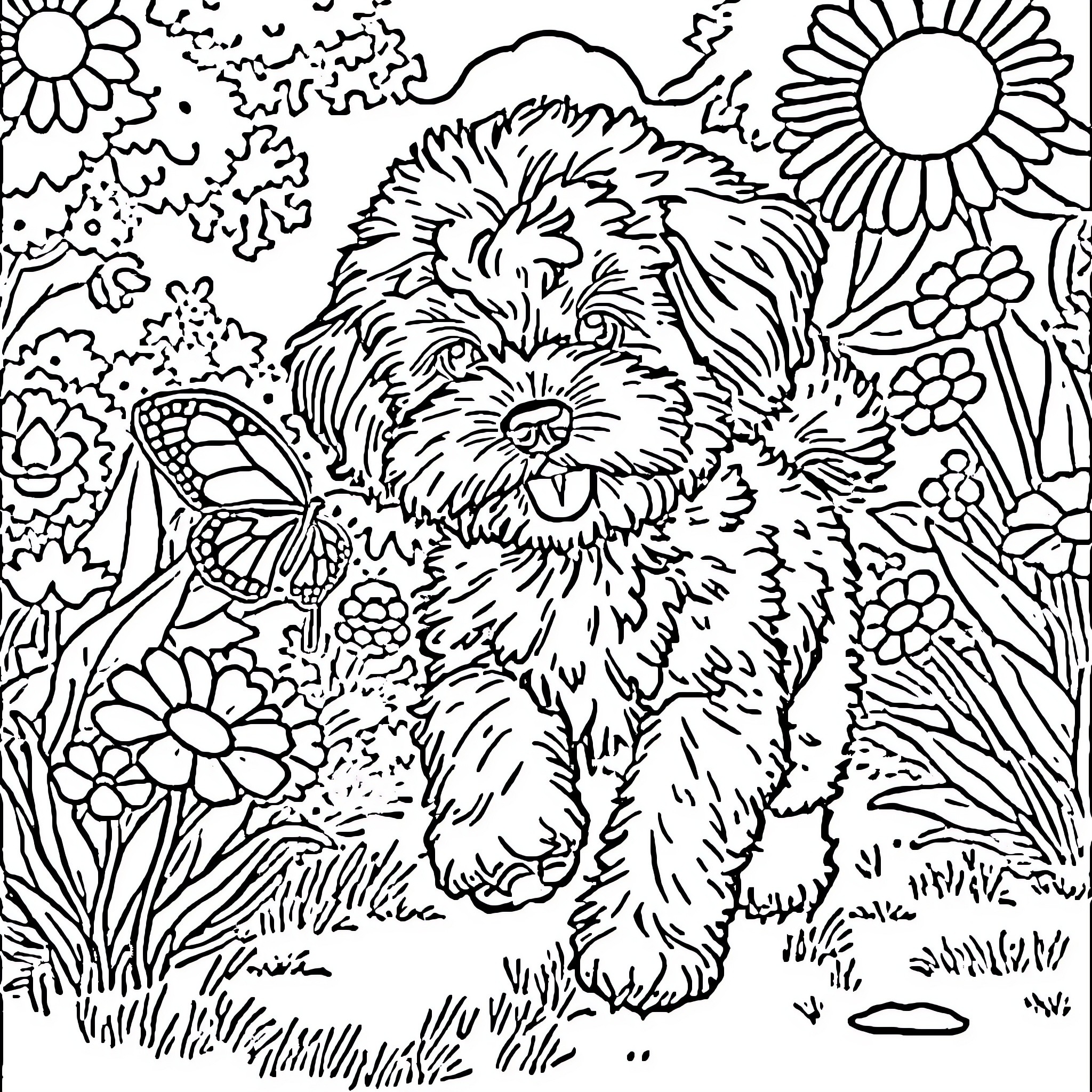 Cavoodle playing in a flowery garden Coloring Page (free black-and-white line drawing printable PDF for all, from beginners to advanced learners, including children, teens, adults, and seniors)