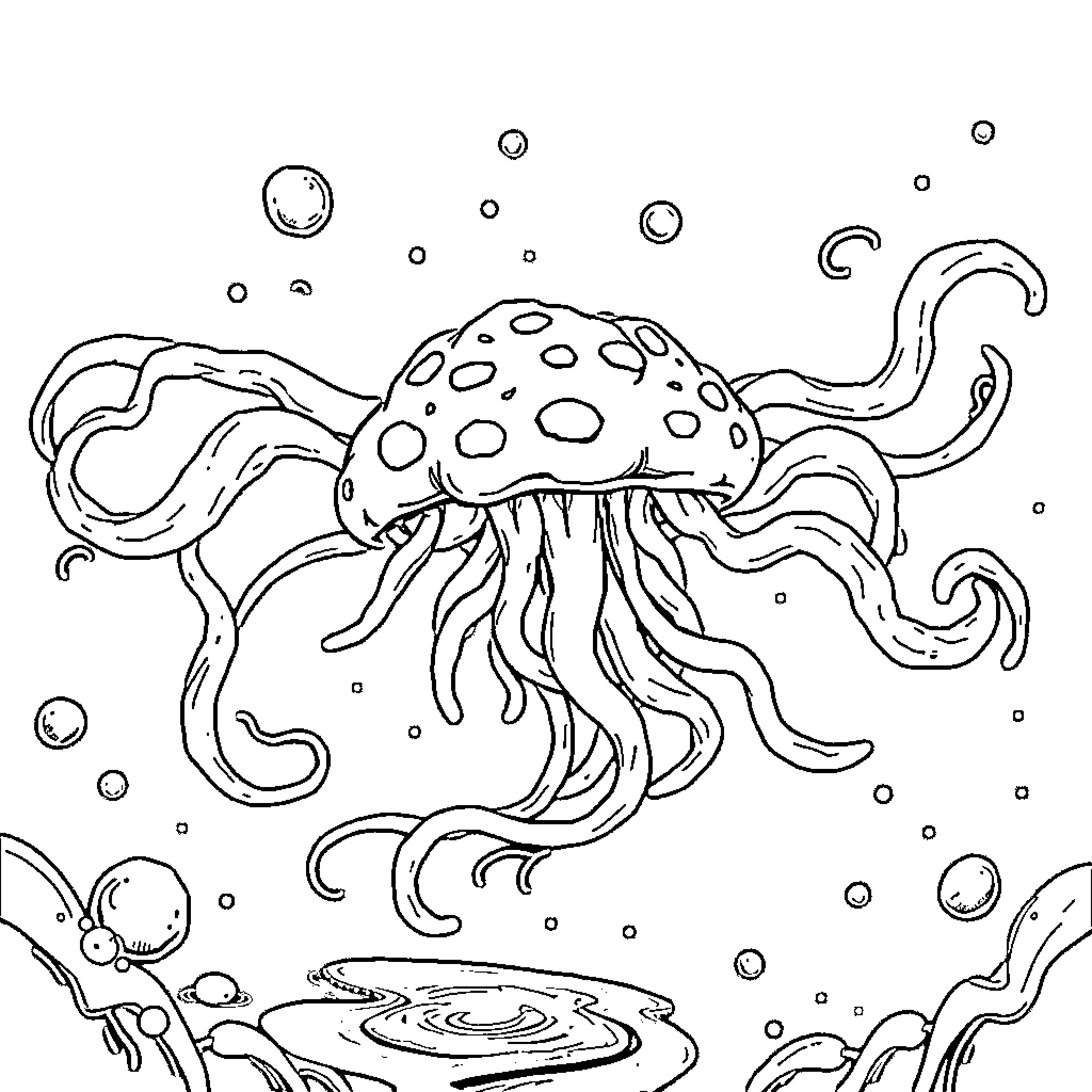 Amoeba swimming gracefully in the underwater landscape Coloring Page (free black-and-white line drawing printable PDF for all, from beginners to advanced learners, including children, teens, adults, and seniors)