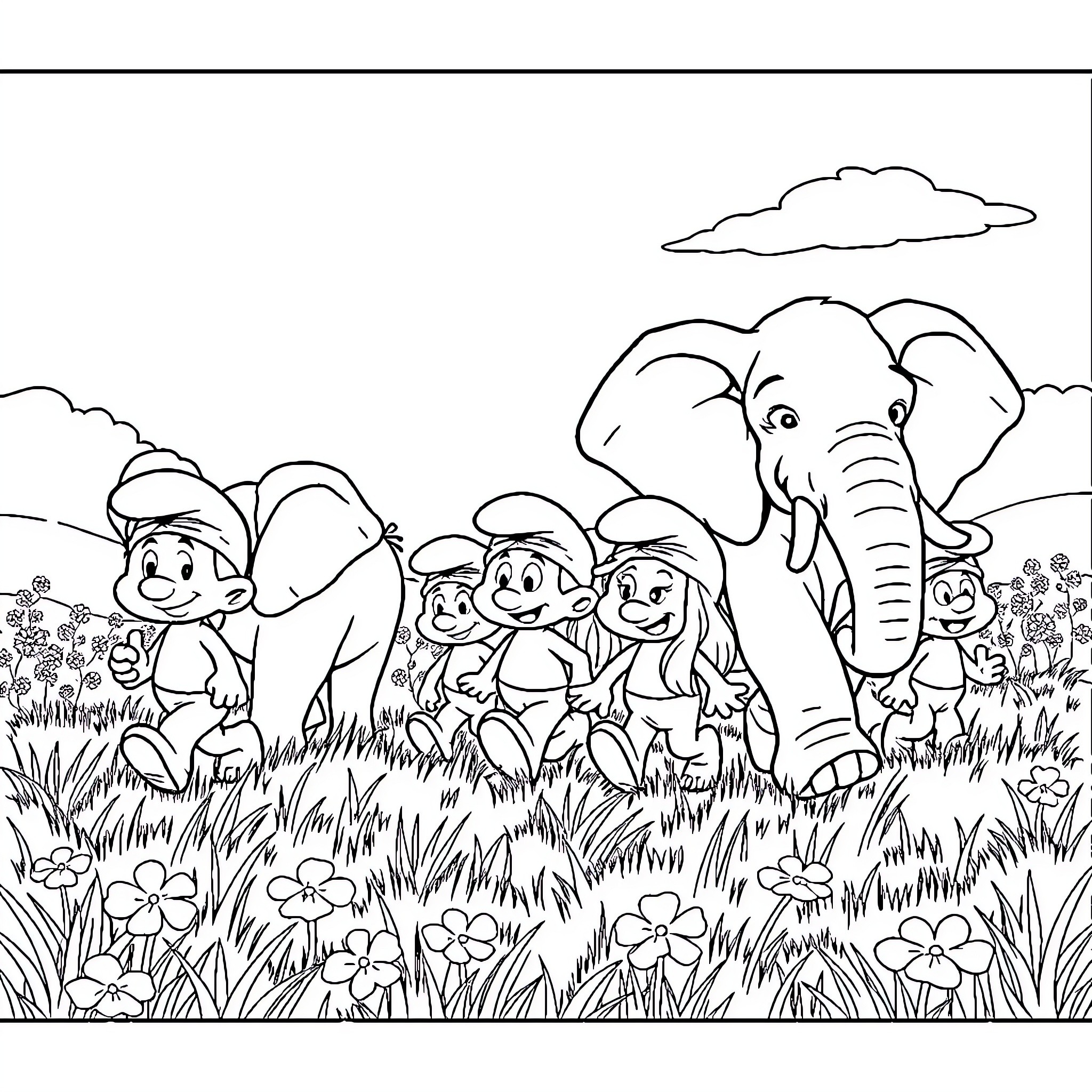 Elephant and Friends Explore the Vibrant Meadow Coloring Page (free black-and-white line drawing printable PDF for all, from beginners to advanced learners, including children, teens, adults, and seniors)