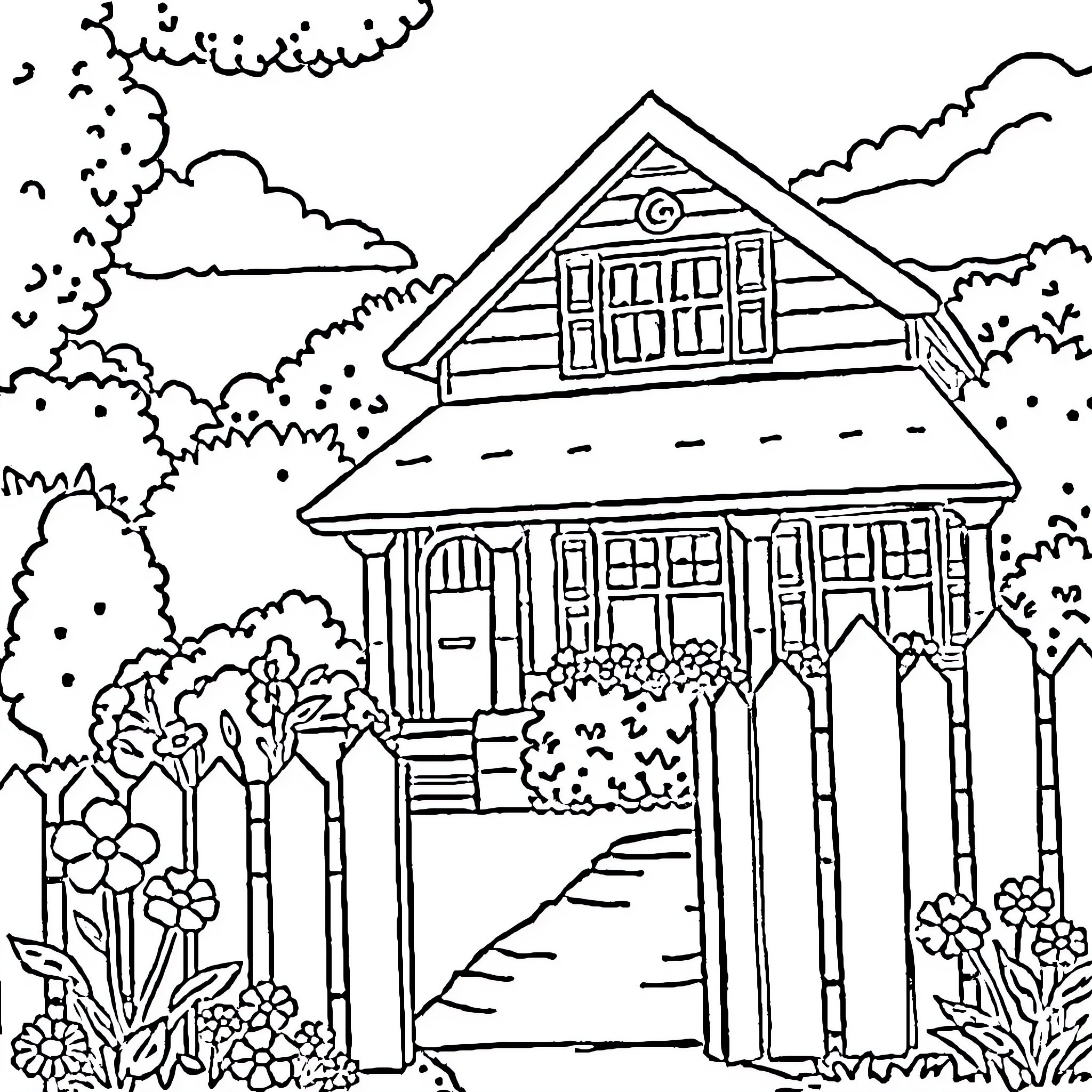 House with floral garden and pathway Coloring Page (free black-and-white line drawing printable PDF for all, from beginners to advanced learners, including children, teens, adults, and seniors)