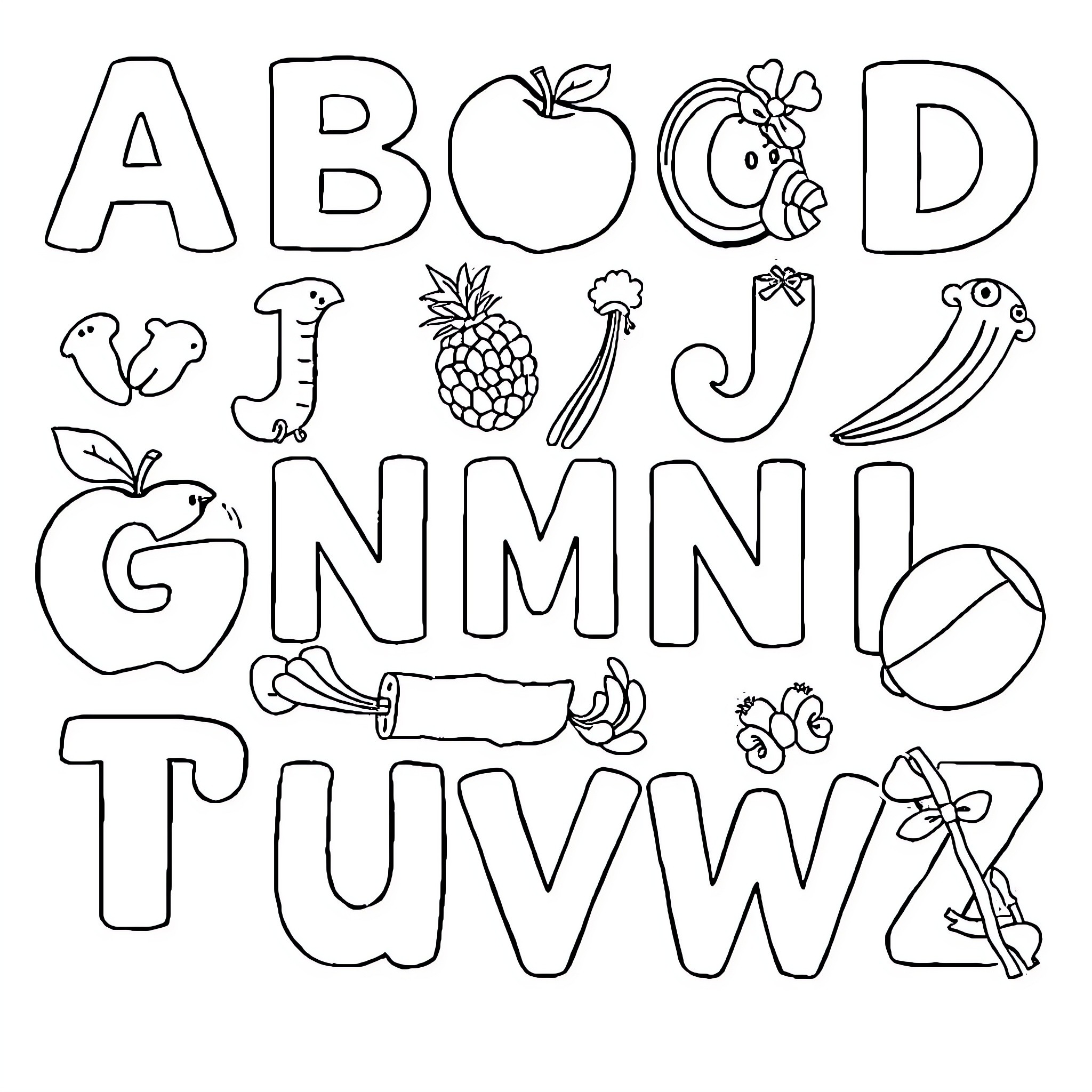 Alphabet with various fruit and nature-themed icons Coloring Page (free black-and-white line drawing printable PDF for all, from beginners to advanced learners, including children, teens, adults, and seniors)