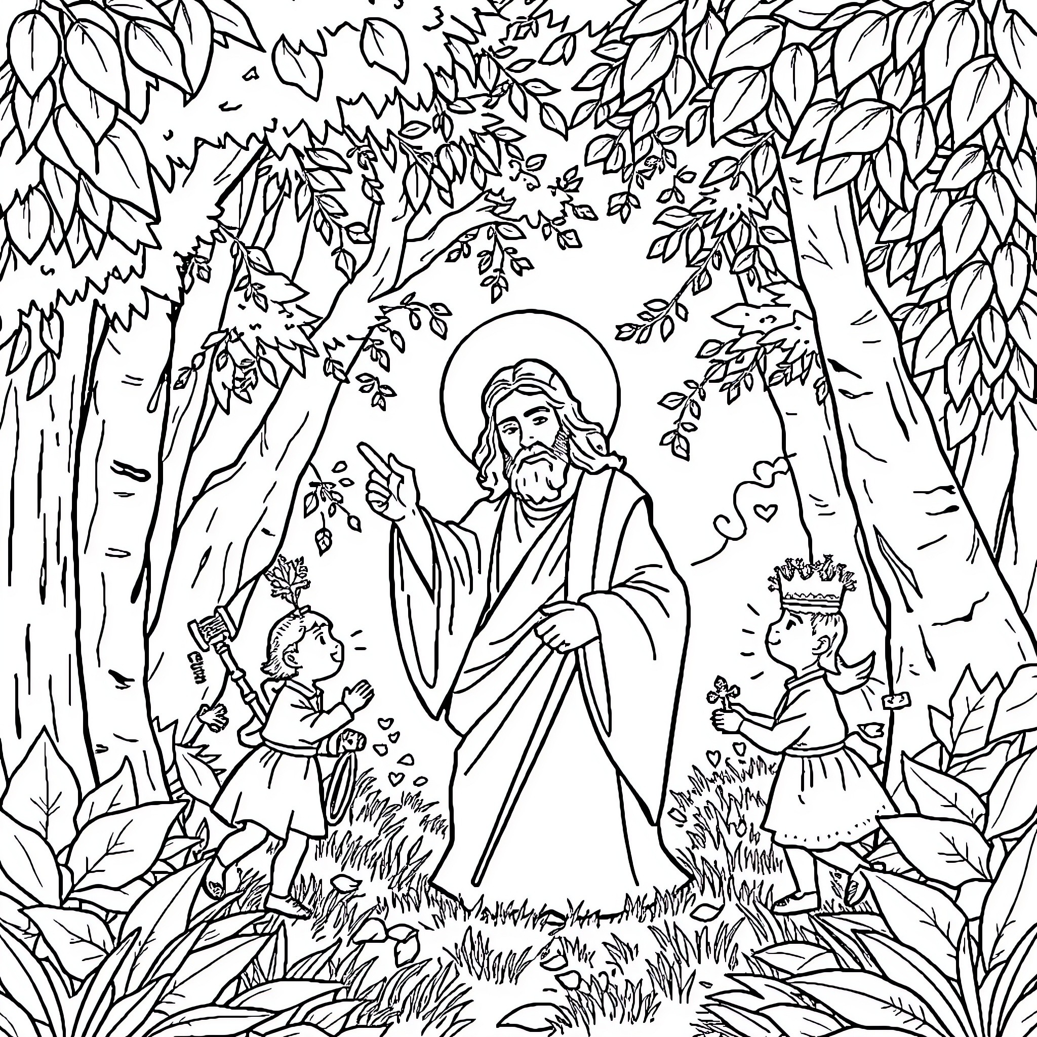 Jesus blesses children in a peaceful forest scene Coloring Page (free black-and-white line drawing printable PDF for all, from beginners to advanced learners, including children, teens, adults, and seniors)