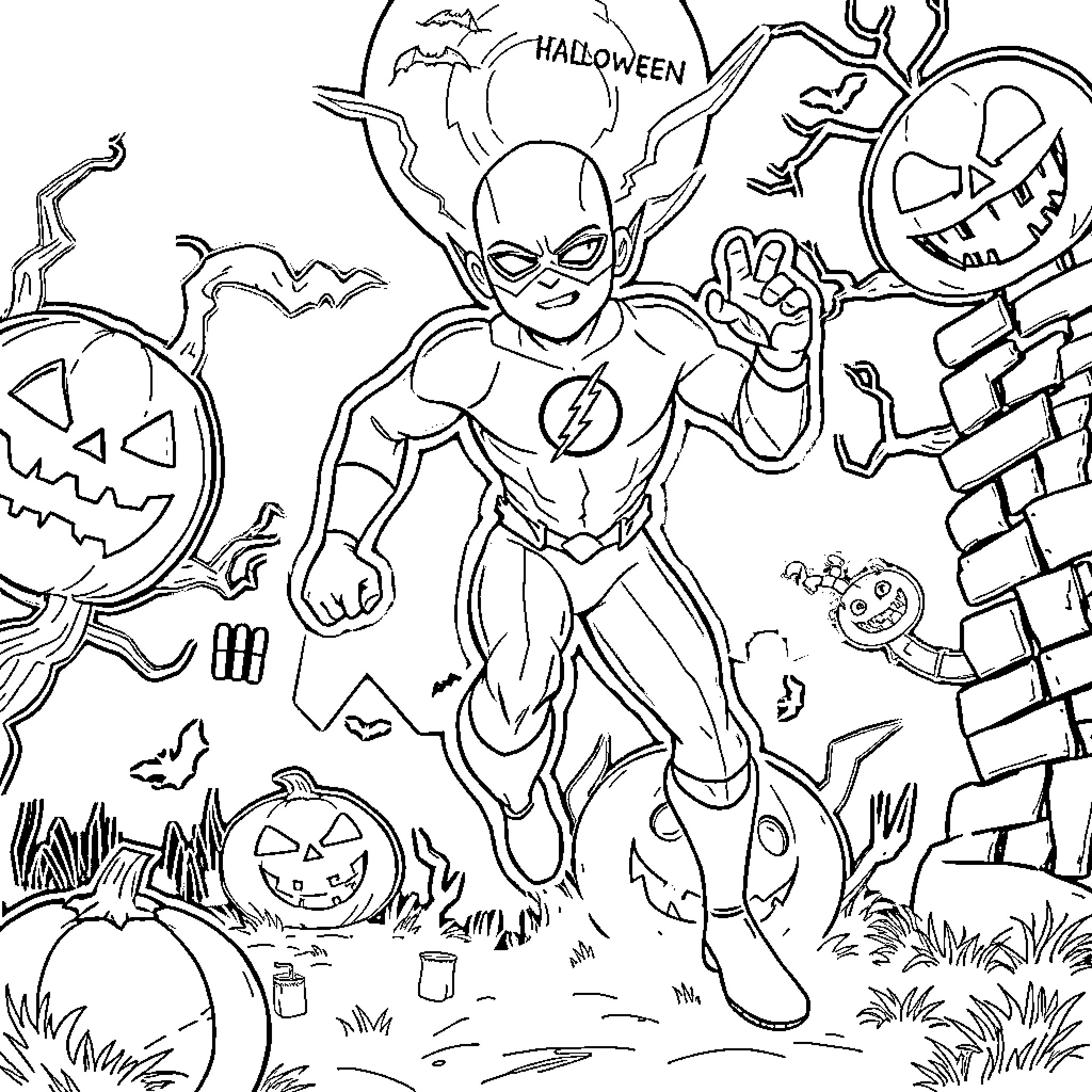 Flash Halloween Superhero Trick-or-Treating Adventure Coloring Page (free black-and-white line drawing printable PDF for all, from beginners to advanced learners, including children, teens, adults, and seniors)