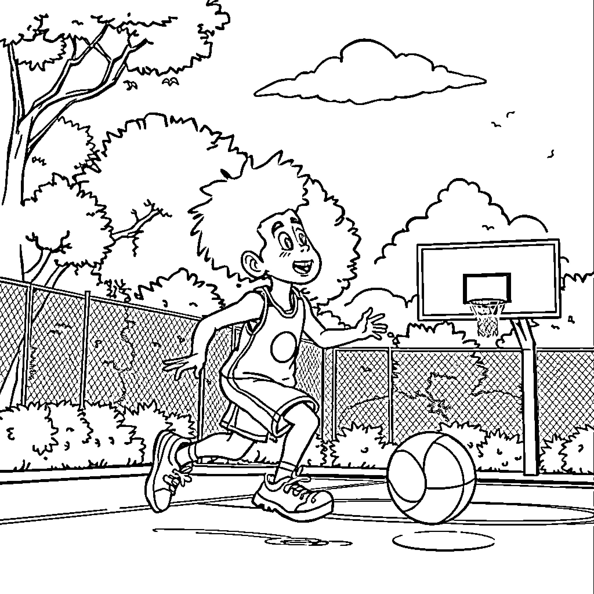 Perry playing basketball on the court Coloring Page (free black-and-white line drawing printable PDF for all, from beginners to advanced learners, including children, teens, adults, and seniors)