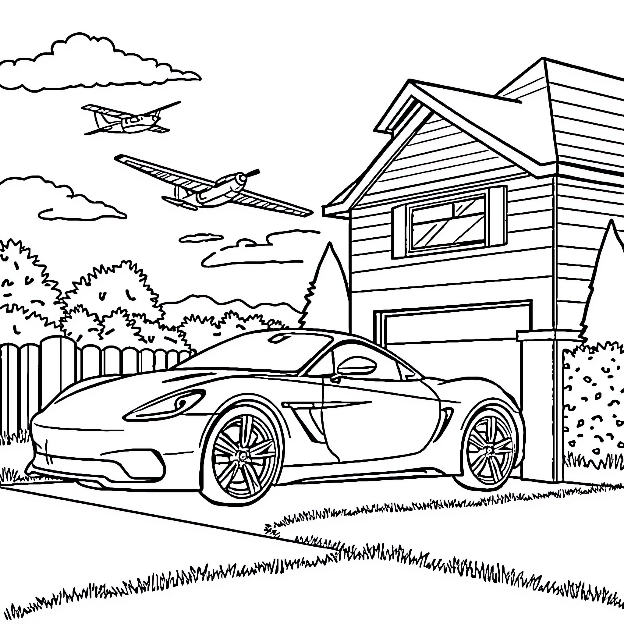 Airplane flying over suburban neighborhood with sports car Coloring Page (free black-and-white line drawing printable PDF for all, from beginners to advanced learners, including children, teens, adults, and seniors)
