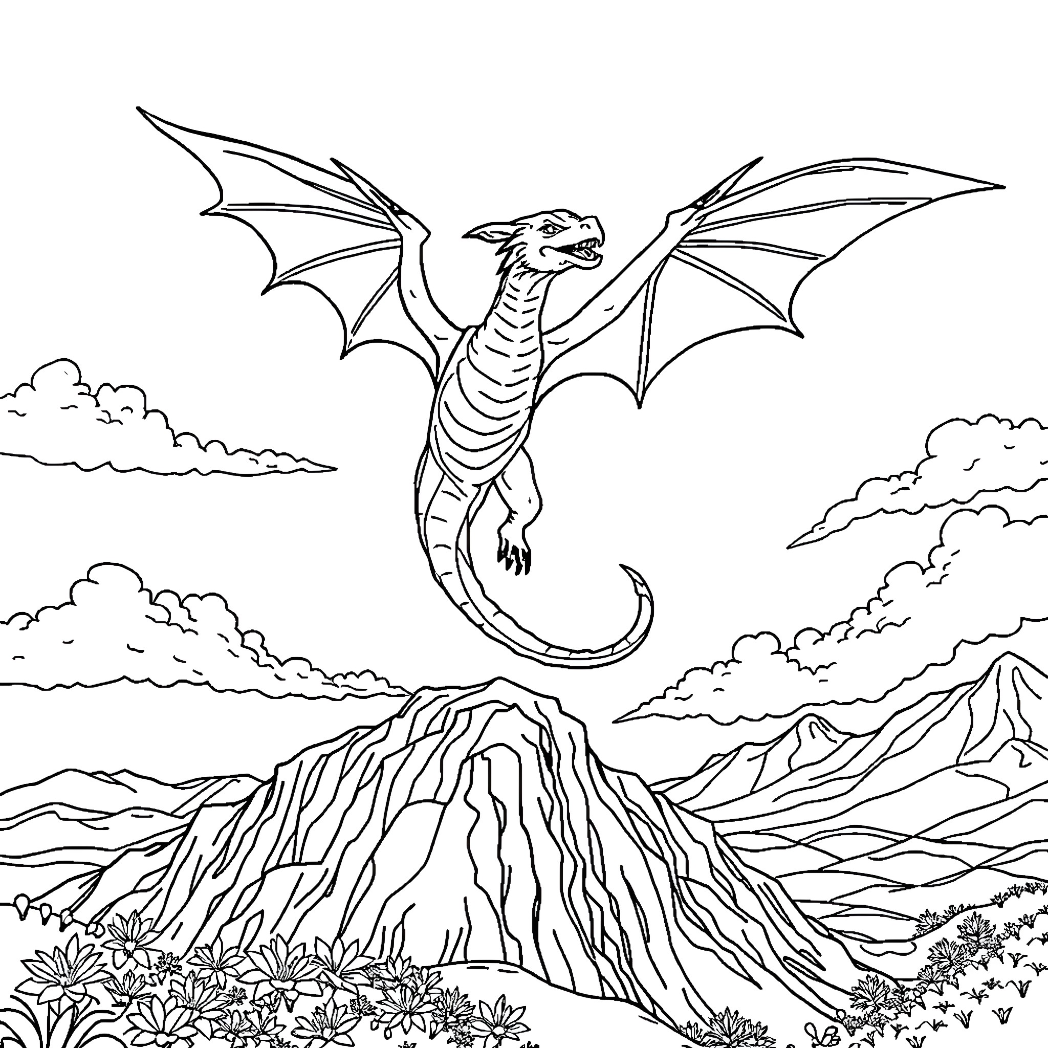 Dragon taking flight over a mountainous landscape Coloring Page (free black-and-white line drawing printable PDF for all, from beginners to advanced learners, including children, teens, adults, and seniors)