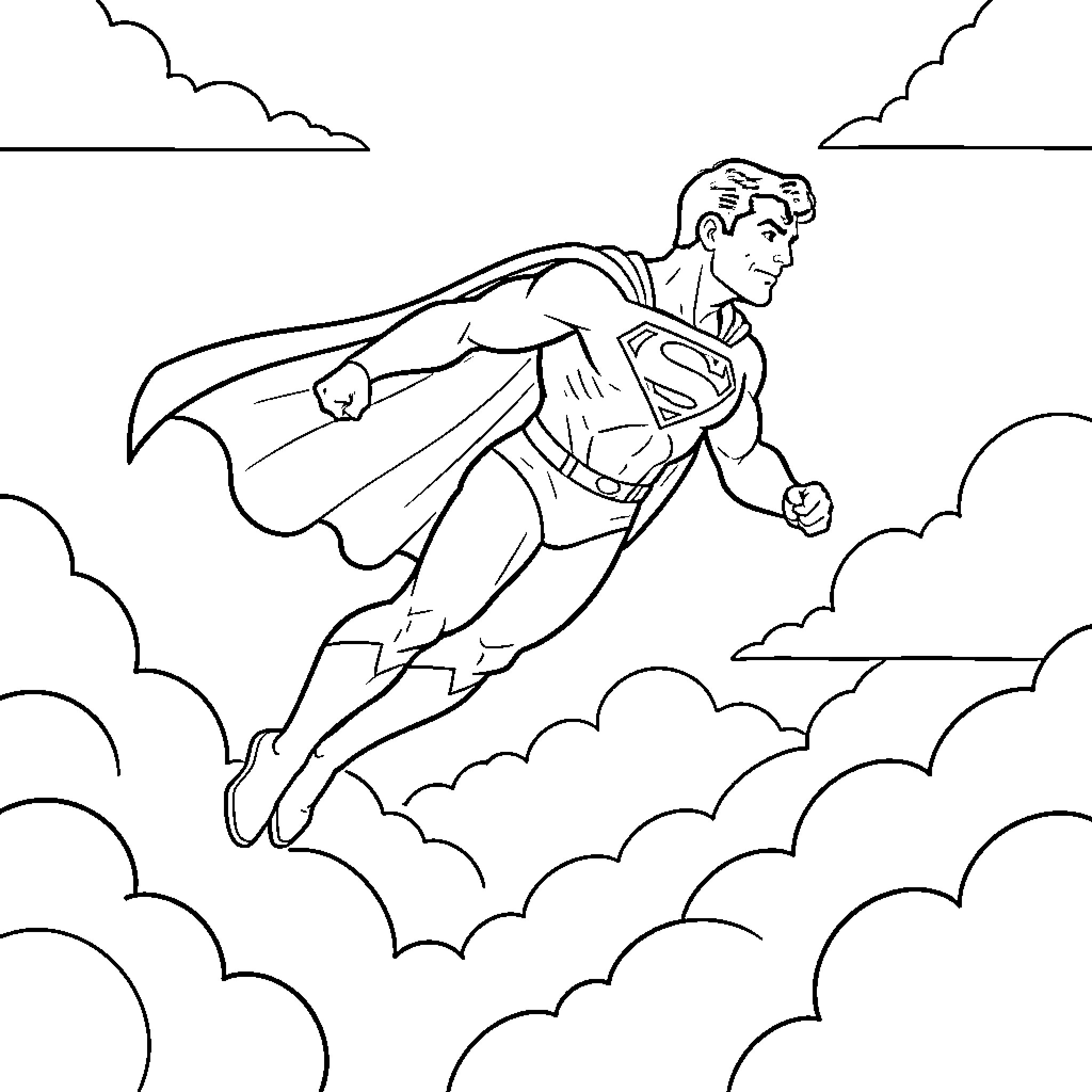 Superman flying heroically through the clouds Coloring Page (free black-and-white line drawing printable PDF for all, from beginners to advanced learners, including children, teens, adults, and seniors)