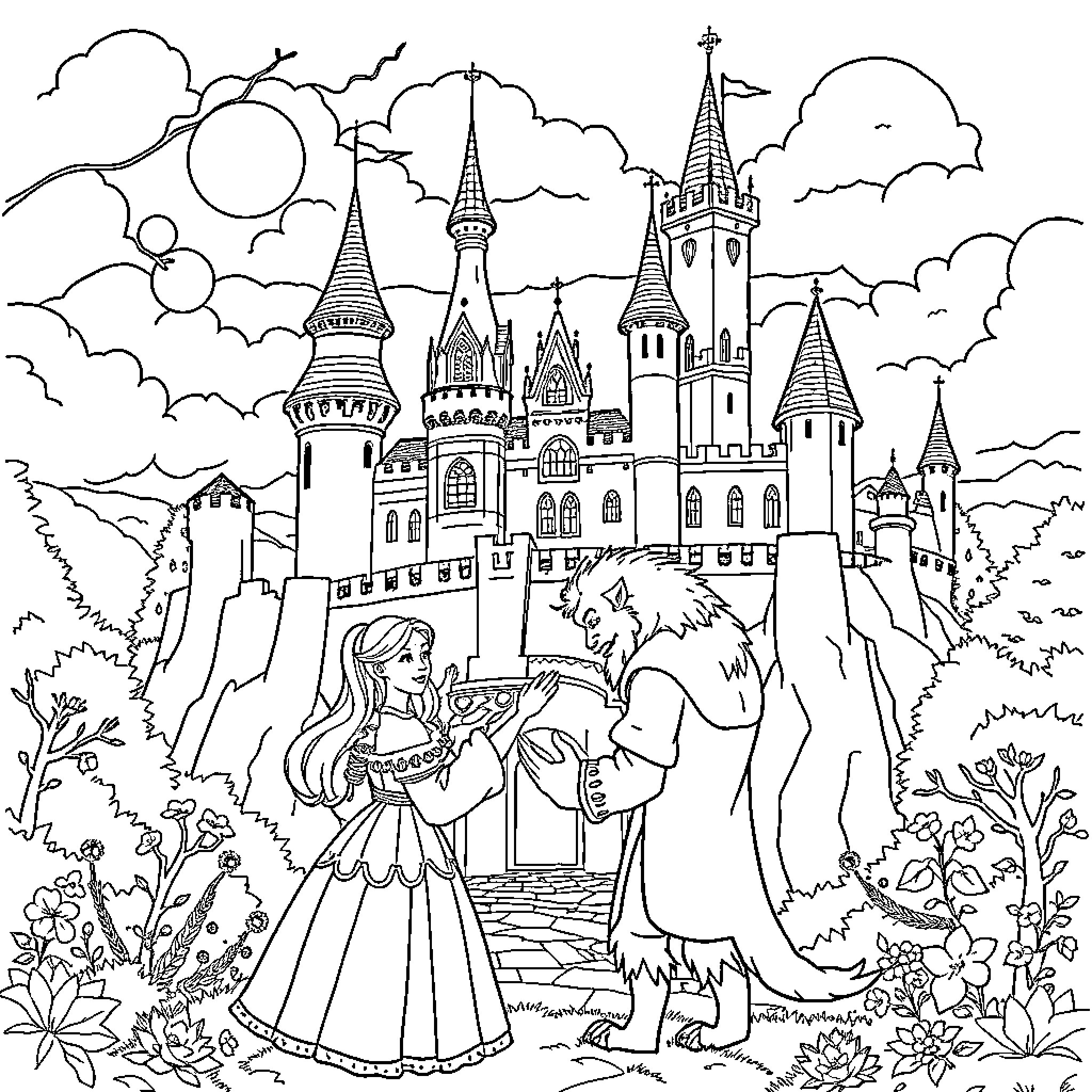 Beauty And The Beast Strolling In Enchanted Castle Garden Coloring Page (free black-and-white line drawing printable PDF for all, from beginners to advanced learners, including children, teens, adults, and seniors)