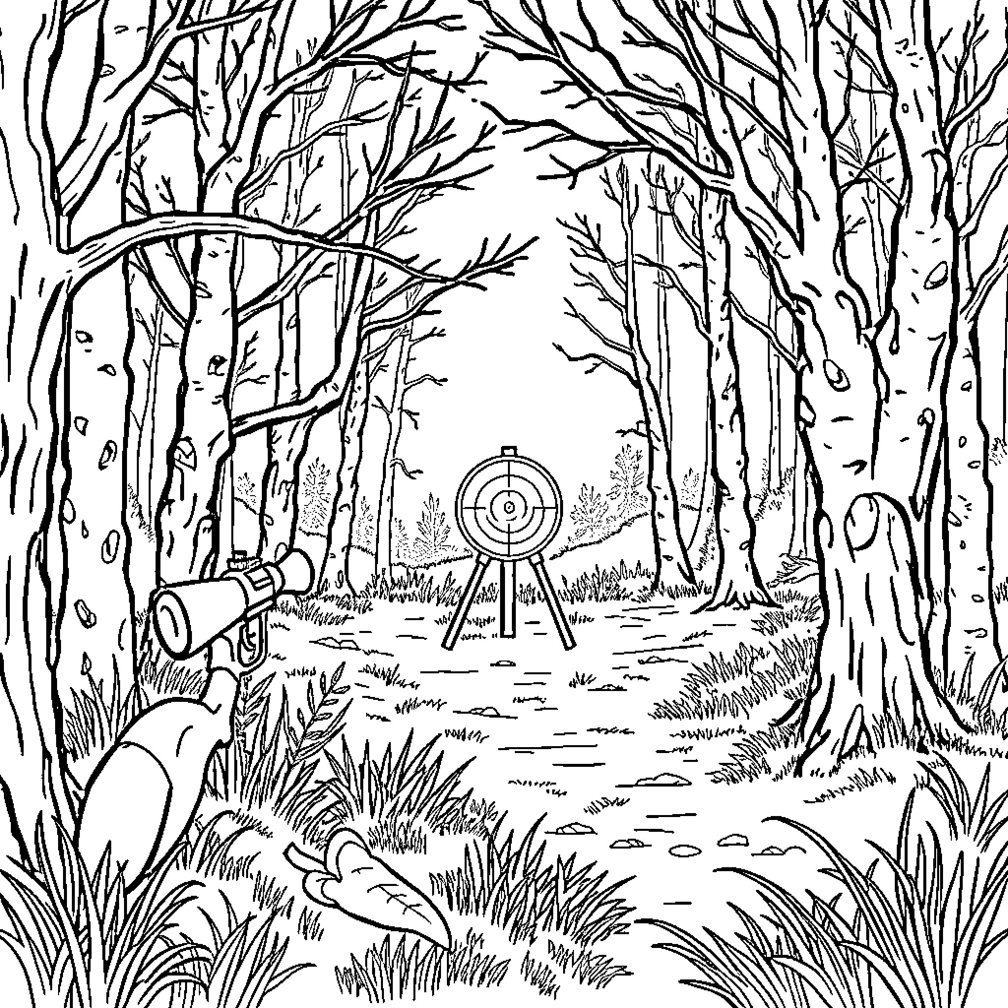 Target practicing archery in a forest Coloring Page (free black-and-white line drawing printable PDF for all, from beginners to advanced learners, including children, teens, adults, and seniors)