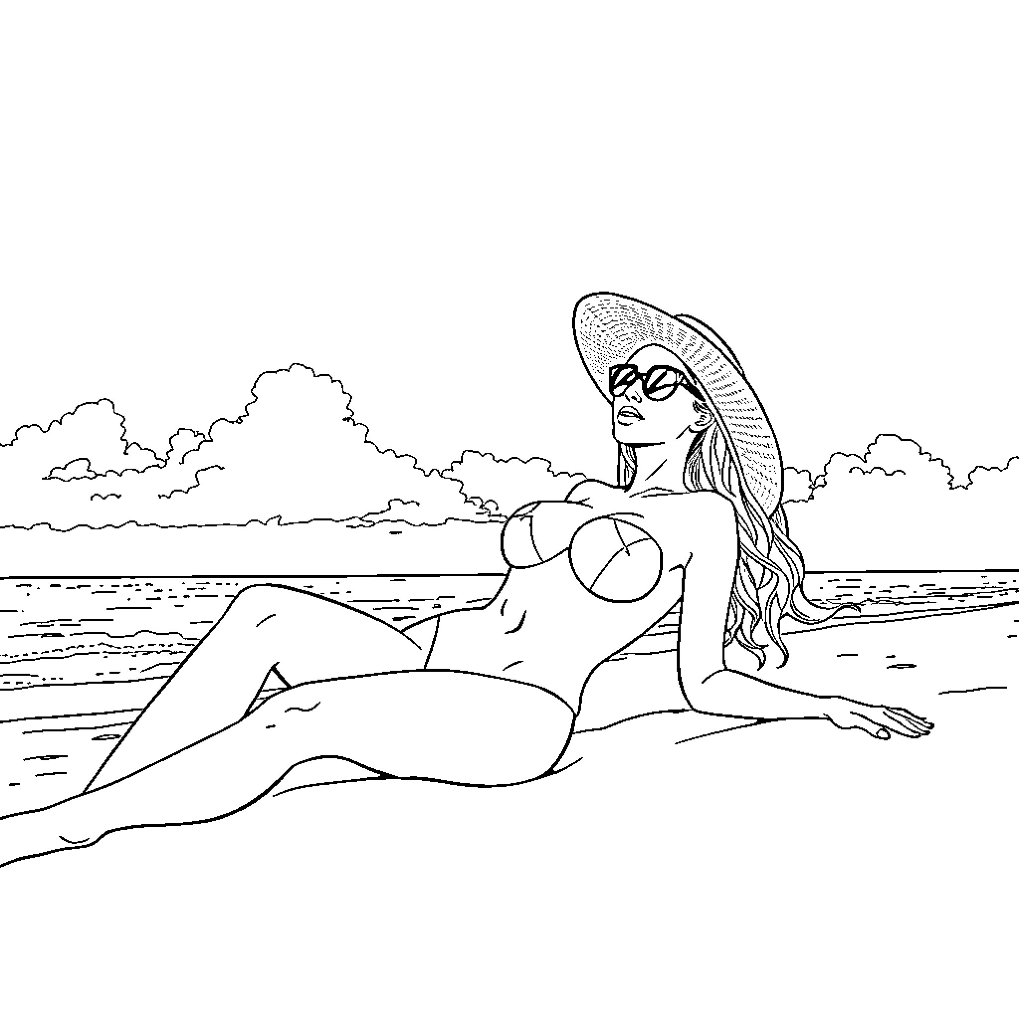 Blonde woman relaxing on the beach Coloring Page (free black-and-white line drawing printable PDF for all, from beginners to advanced learners, including children, teens, adults, and seniors)