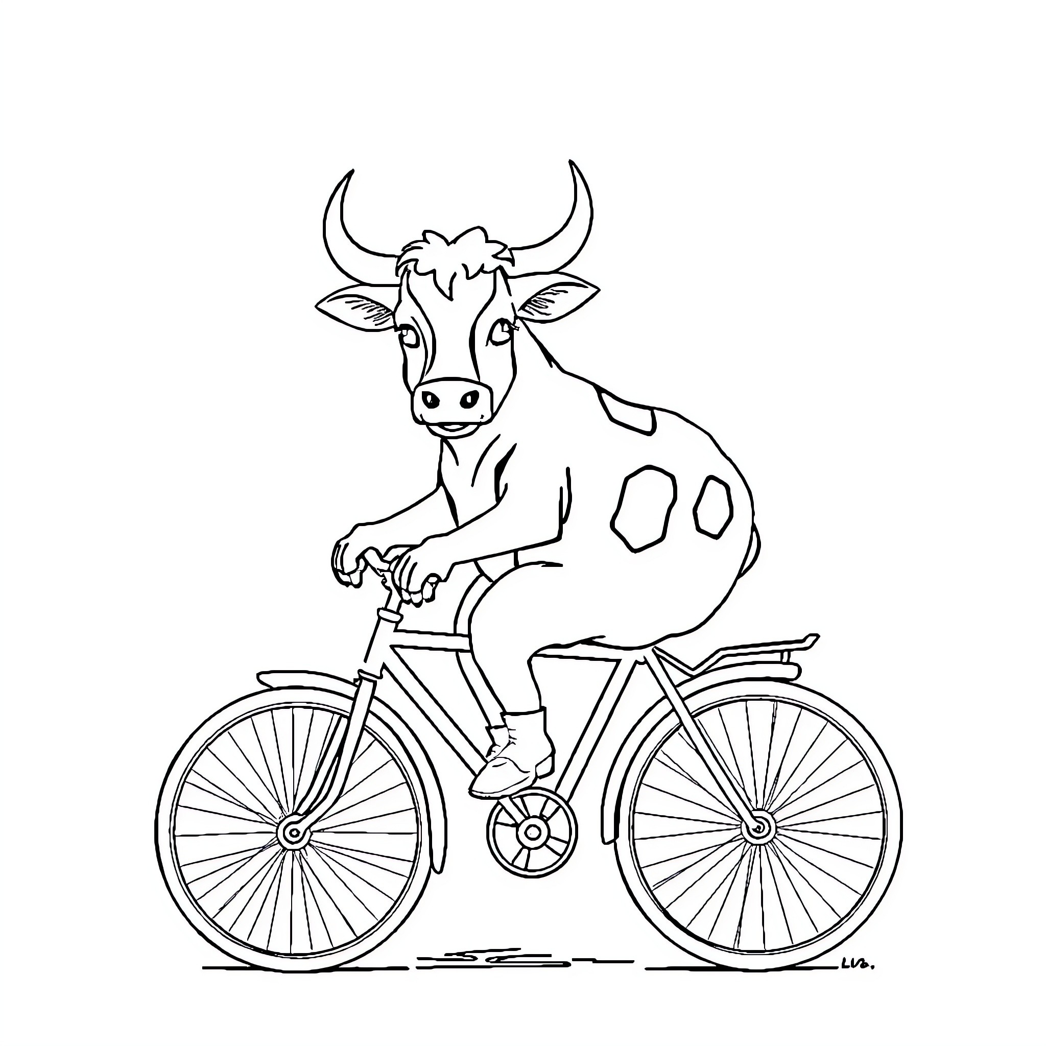 Cow riding a bicycle Coloring Page (free black-and-white line drawing printable PDF for all, from beginners to advanced learners, including children, teens, adults, and seniors)