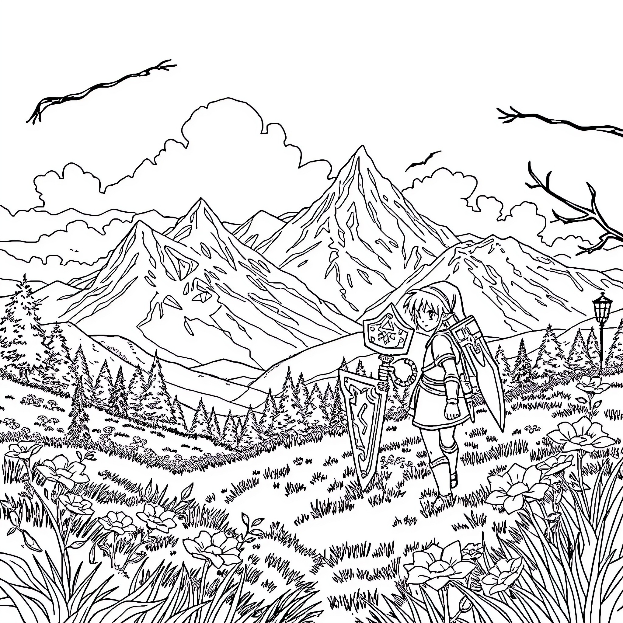 Link Exploring the Majestic Mountain Landscape Coloring Page (free black-and-white line drawing printable PDF for all, from beginners to advanced learners, including children, teens, adults, and seniors)