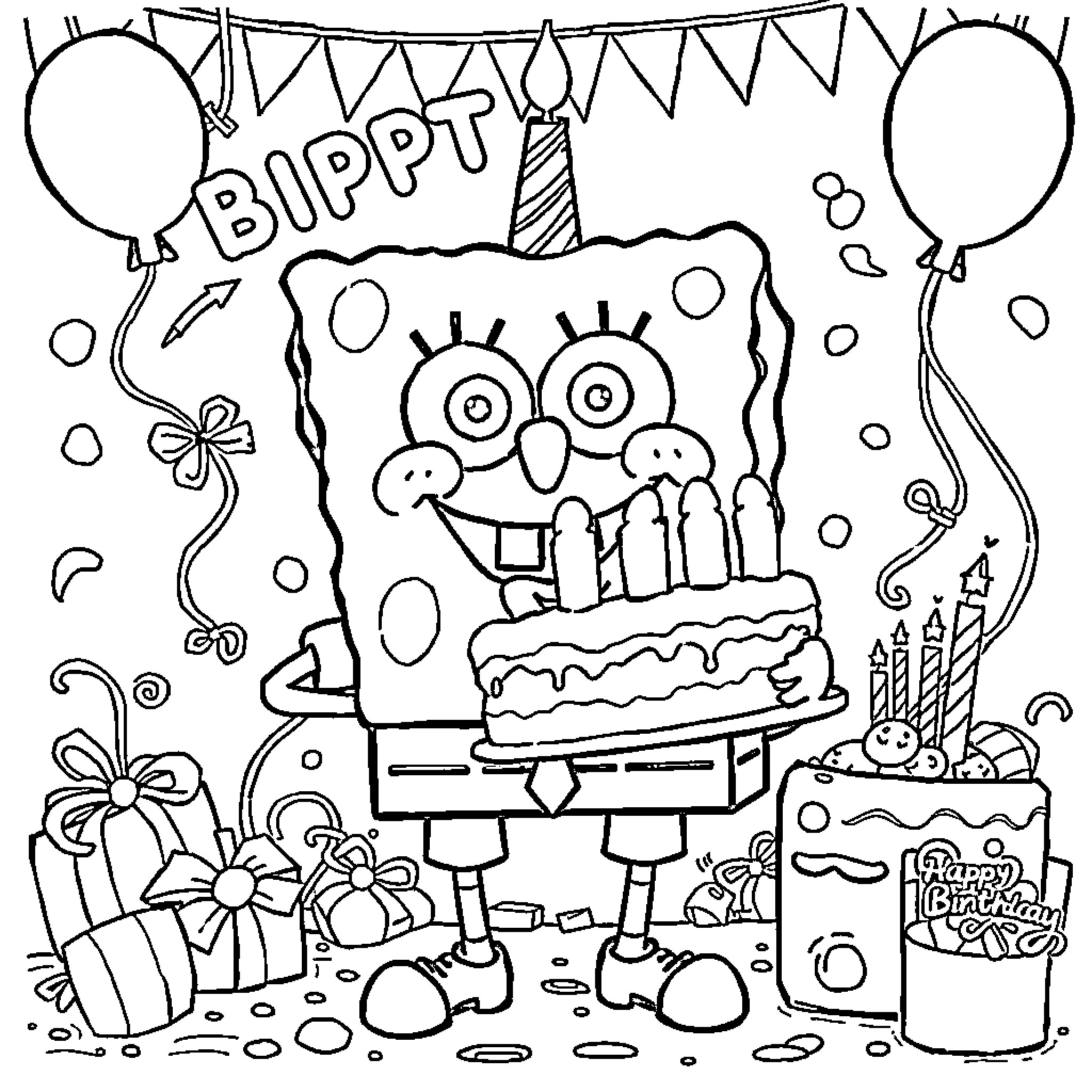 Spongebob celebrating birthday party with decorations Coloring Page (free black-and-white line drawing printable PDF for all, from beginners to advanced learners, including children, teens, adults, and seniors)