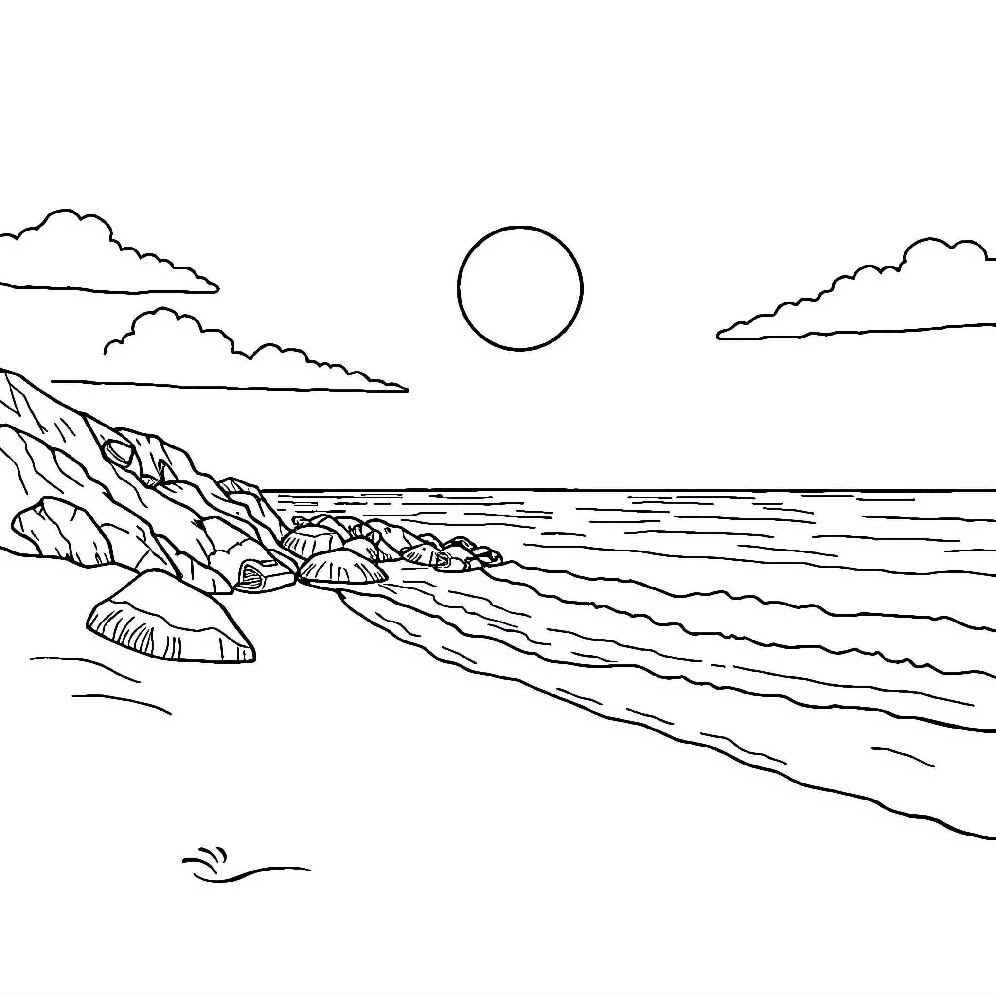 Seashore scenery with sun and waves Coloring Page (free black-and-white line drawing printable PDF for all, from beginners to advanced learners, including children, teens, adults, and seniors)