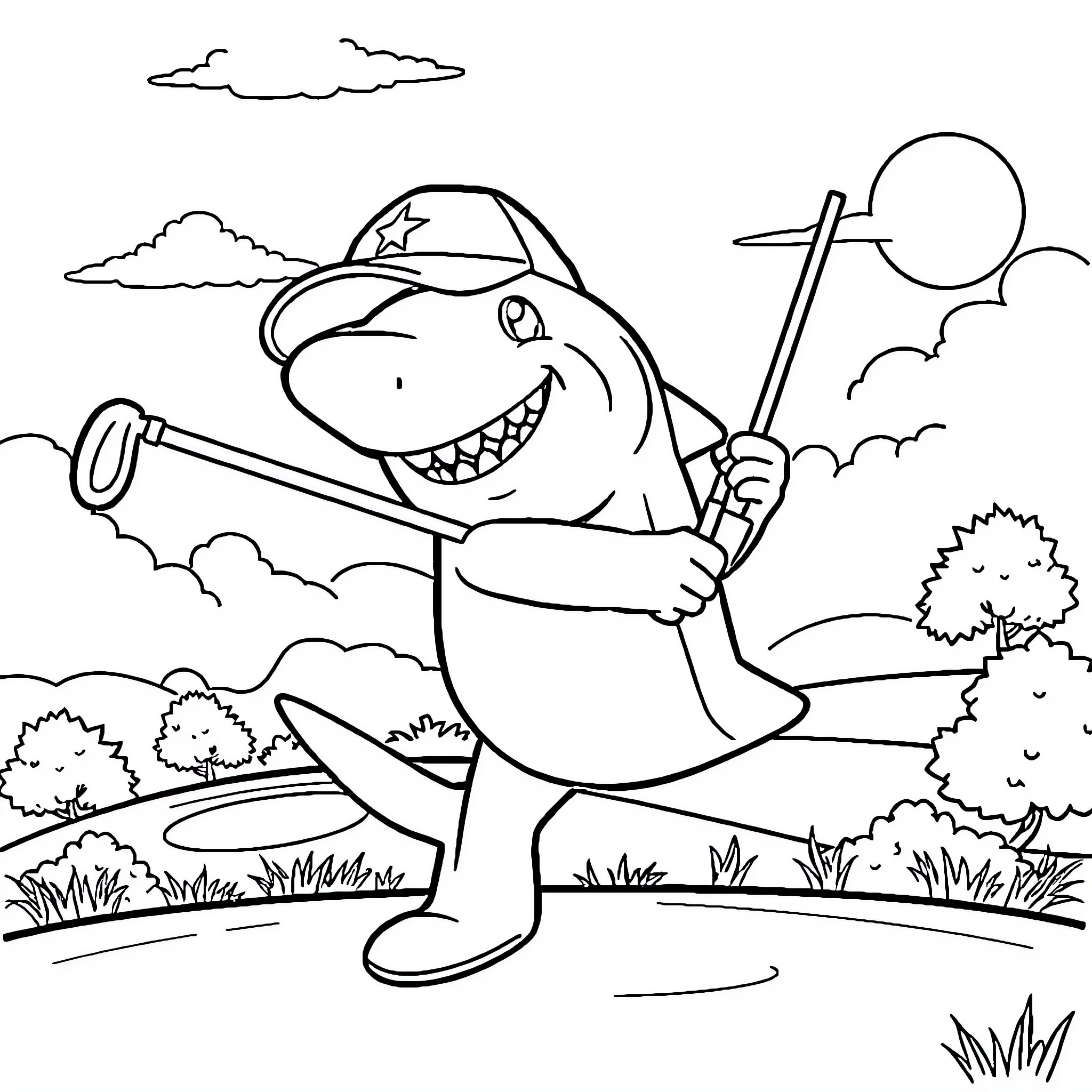 Shark fishing in the outdoors Coloring Page (free black-and-white line drawing printable PDF for all, from beginners to advanced learners, including children, teens, adults, and seniors)