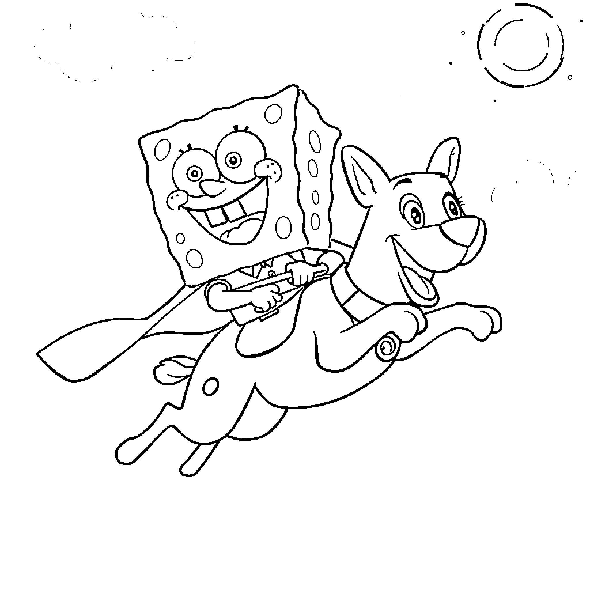 Spongebob and Patrick playing happily together Coloring Page (free black-and-white line drawing printable PDF for all, from beginners to advanced learners, including children, teens, adults, and seniors)
