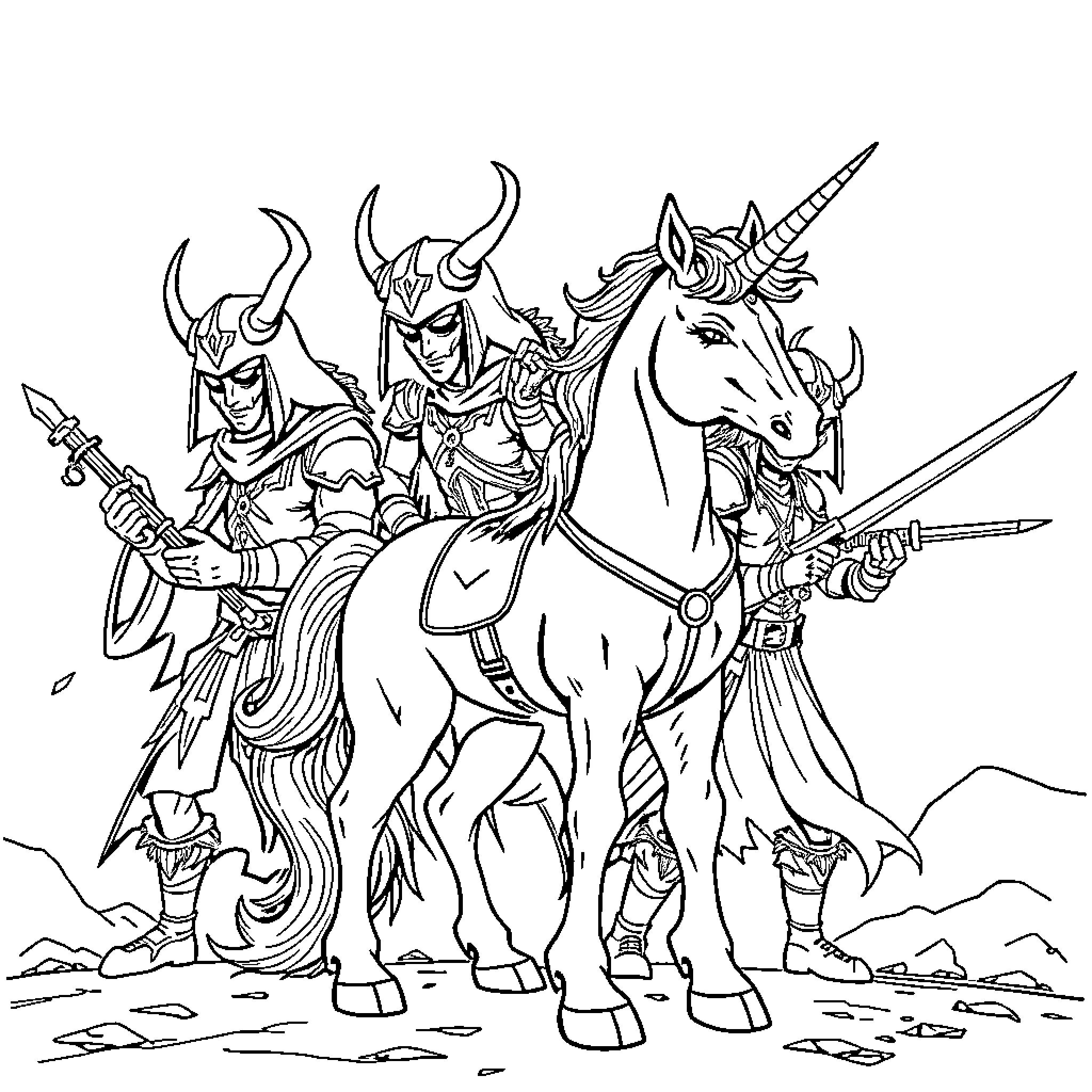 Unicorn warriors in battle formation Coloring Page (free black-and-white line drawing printable PDF for all, from beginners to advanced learners, including children, teens, adults, and seniors)