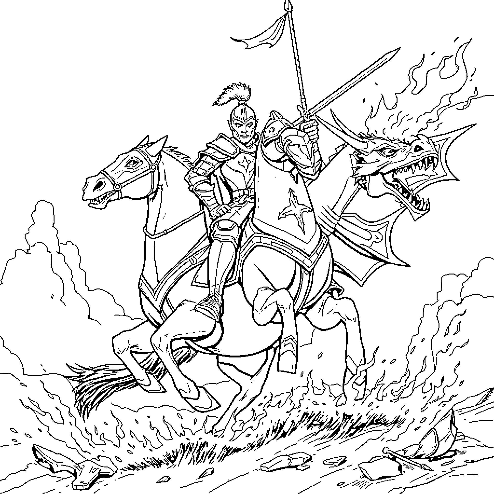Knight battles fearsome dragons on horseback Coloring Page (free black-and-white line drawing printable PDF for all, from beginners to advanced learners, including children, teens, adults, and seniors)