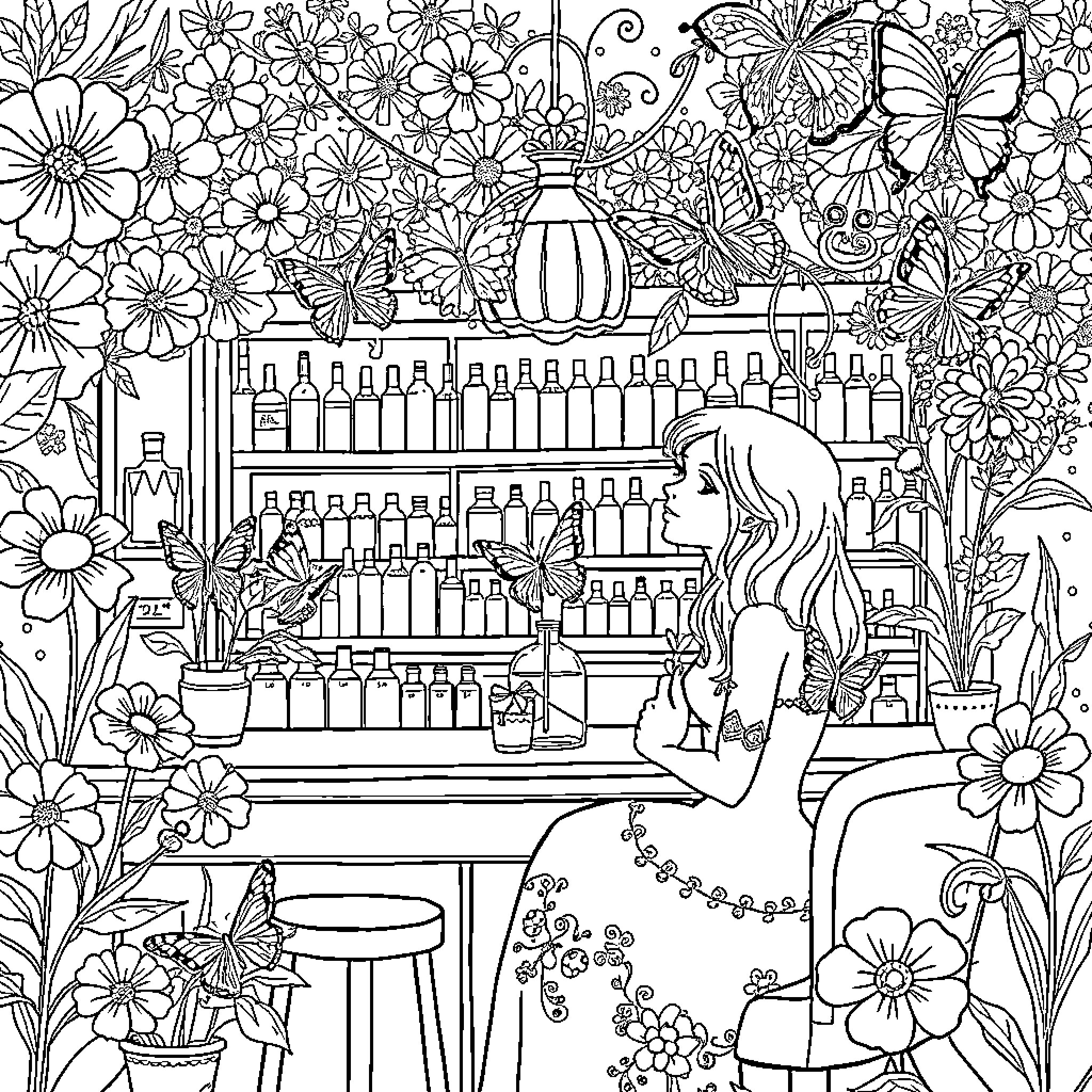 Elisabeth Swan crafting in her whimsical floral workshop Coloring Page (free black-and-white line drawing printable PDF for all, from beginners to advanced learners, including children, teens, adults, and seniors)