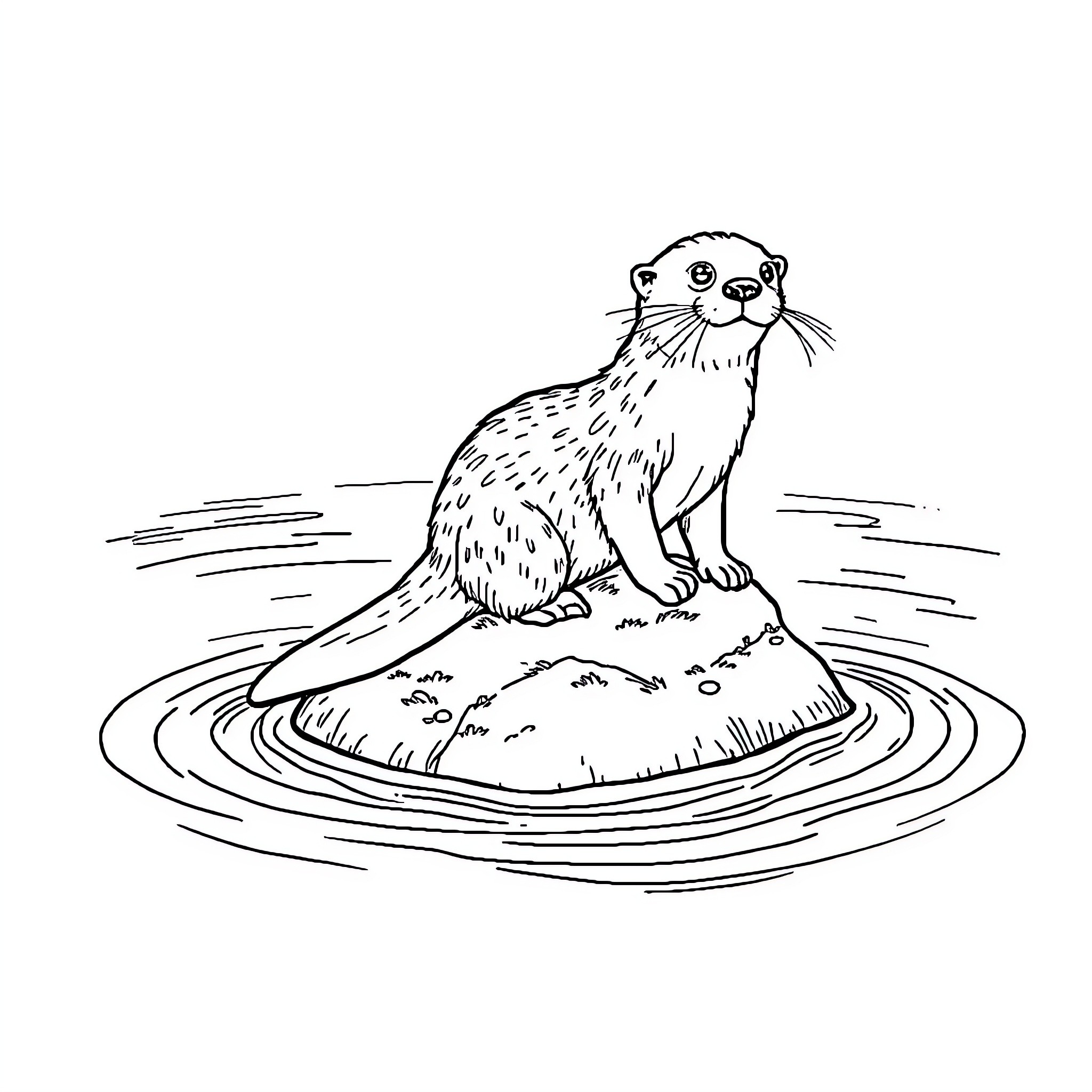 Otter relaxing on a rock in the water Coloring Page (free black-and-white line drawing printable PDF for all, from beginners to advanced learners, including children, teens, adults, and seniors)