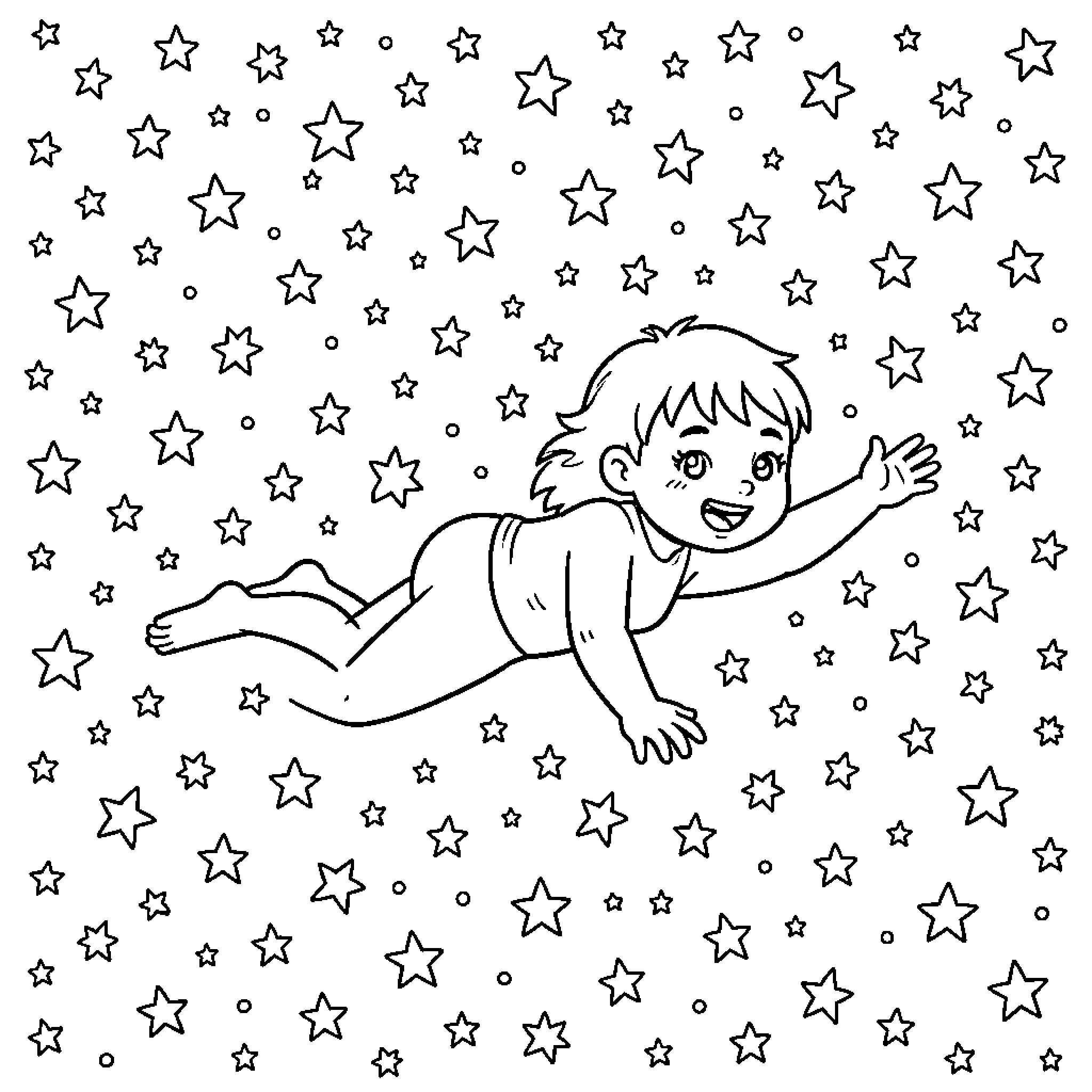 Pecesito flying joyfully through a starry sky Coloring Page (free black-and-white line drawing printable PDF for all, from beginners to advanced learners, including children, teens, adults, and seniors)