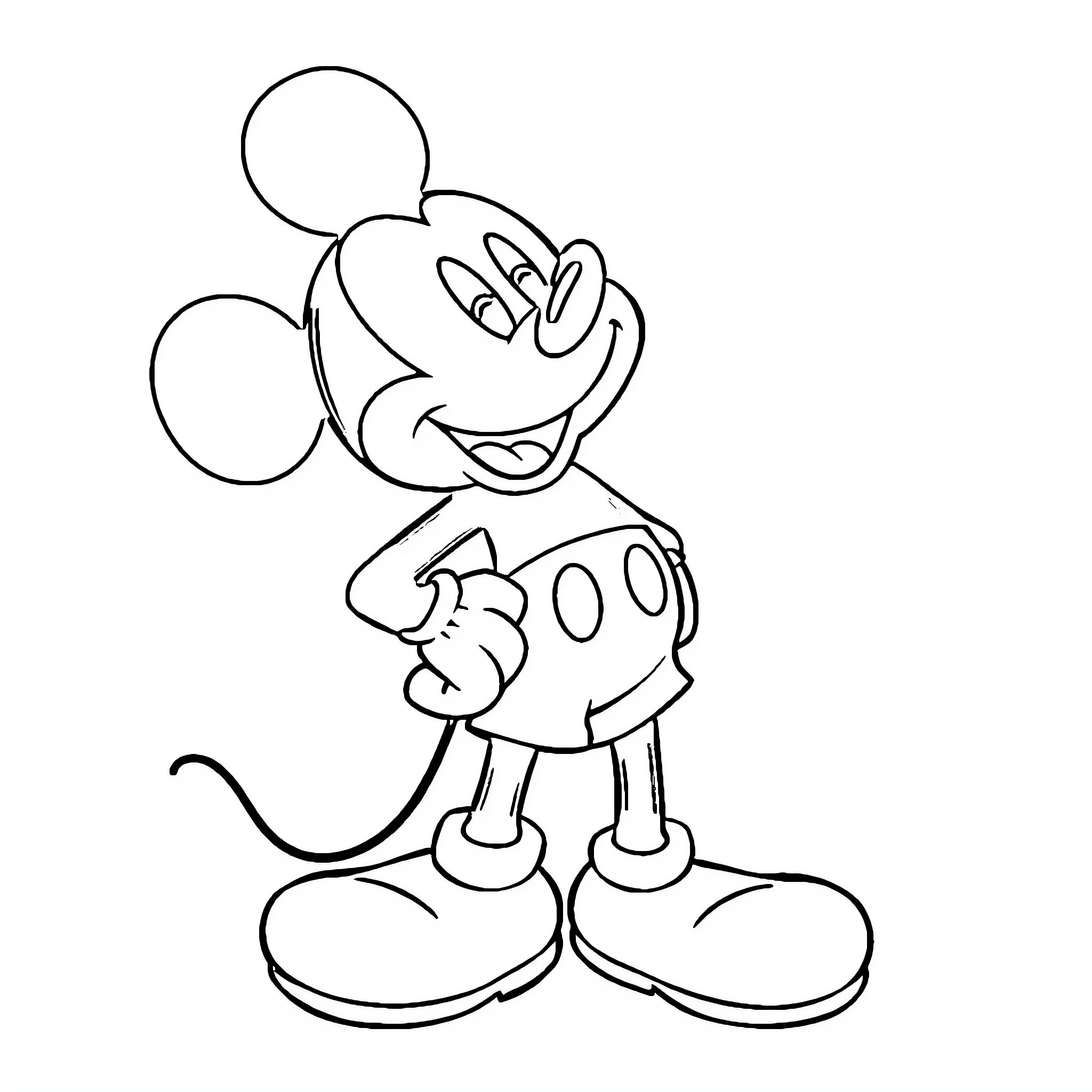 Mickey Mouse in a Cheerful Pose Coloring Page (free black-and-white line drawing printable PDF for all, from beginners to advanced learners, including children, teens, adults, and seniors)