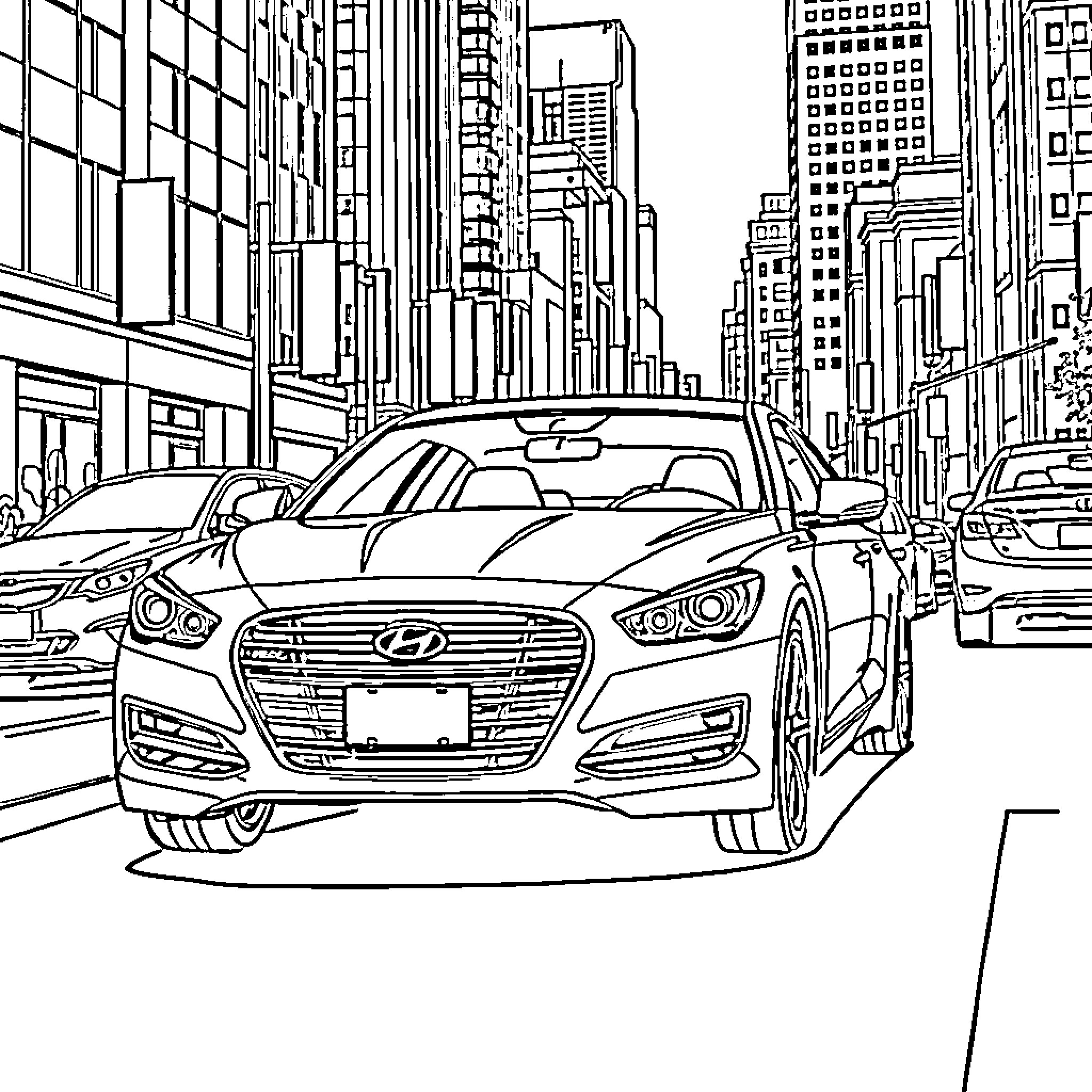 Car on the streets of a bustling city Coloring Page (free black-and-white line drawing printable PDF for all, from beginners to advanced learners, including children, teens, adults, and seniors)