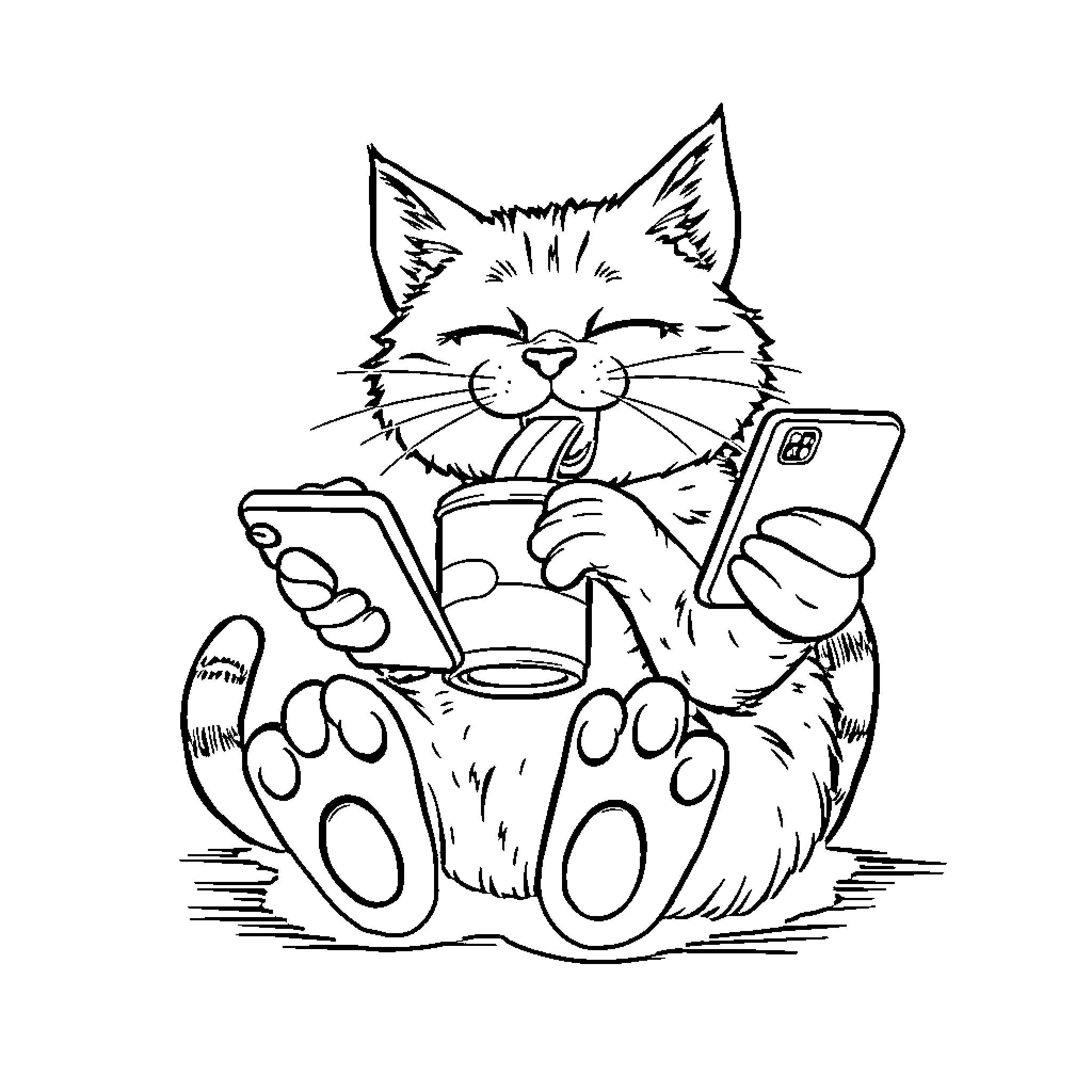 Cat relaxing and using smartphone Coloring Page (free black-and-white line drawing printable PDF for all, from beginners to advanced learners, including children, teens, adults, and seniors)