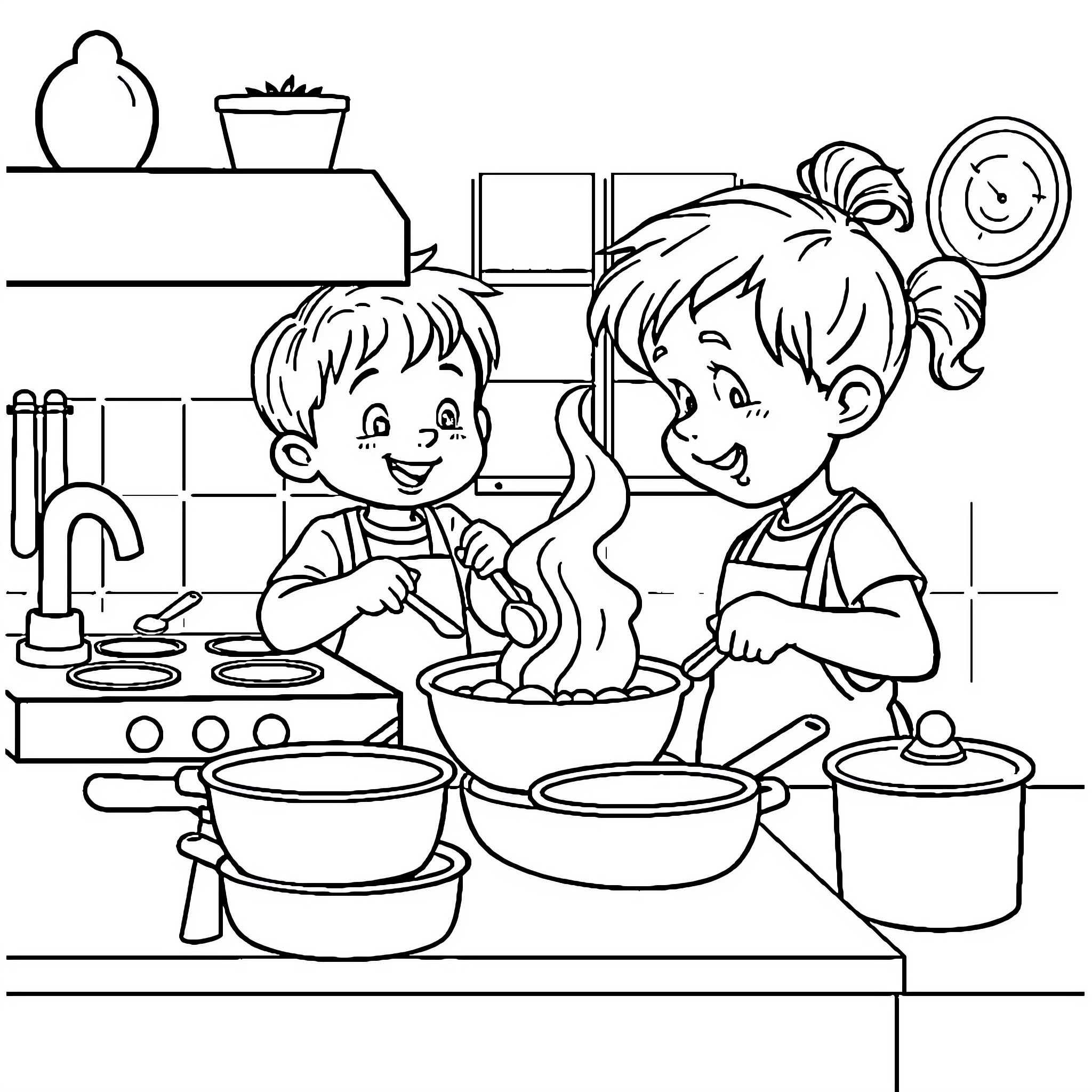 Kid cooking with friend in kitchen Coloring Page (free black-and-white line drawing printable PDF for all, from beginners to advanced learners, including children, teens, adults, and seniors)