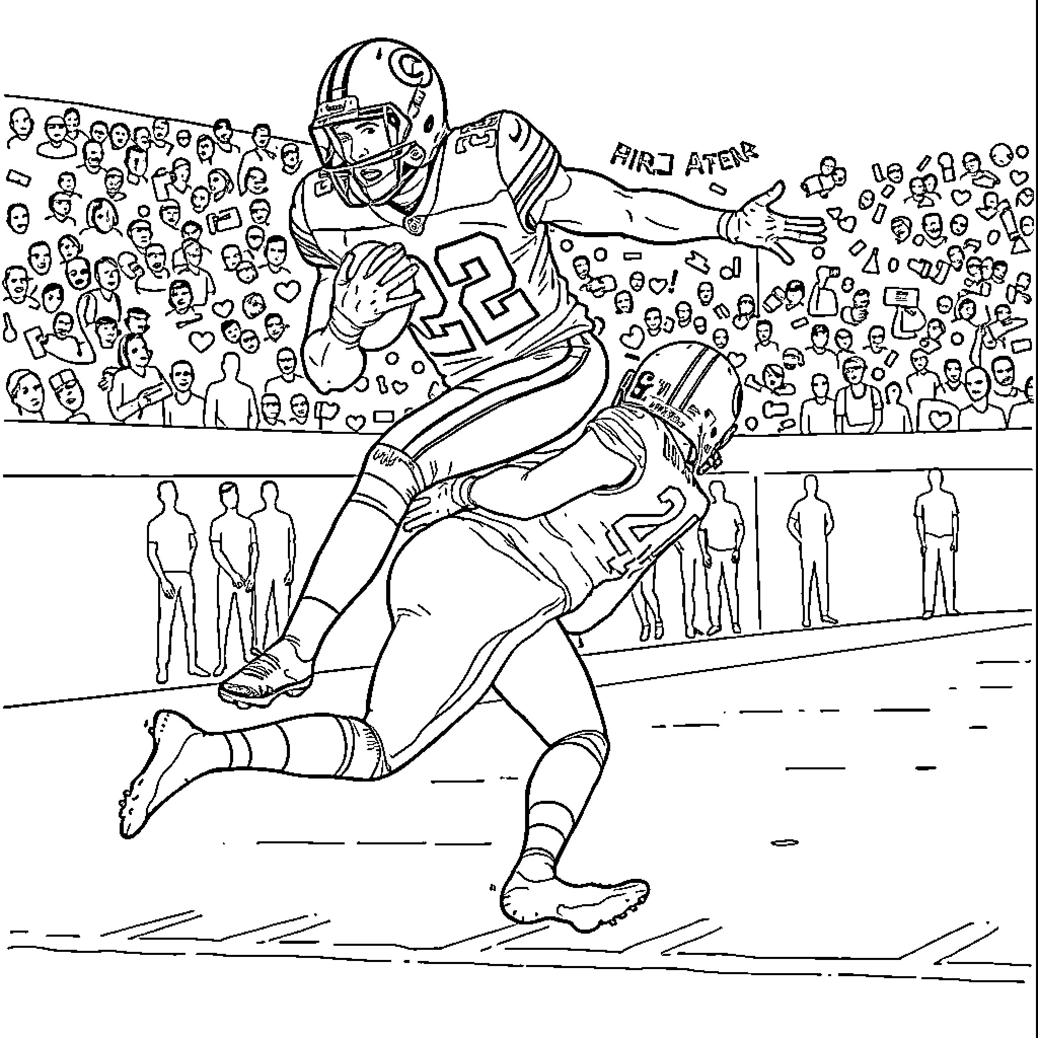 Saquon Barkley scoring touchdown in football game Coloring Page (free black-and-white line drawing printable PDF for all, from beginners to advanced learners, including children, teens, adults, and seniors)