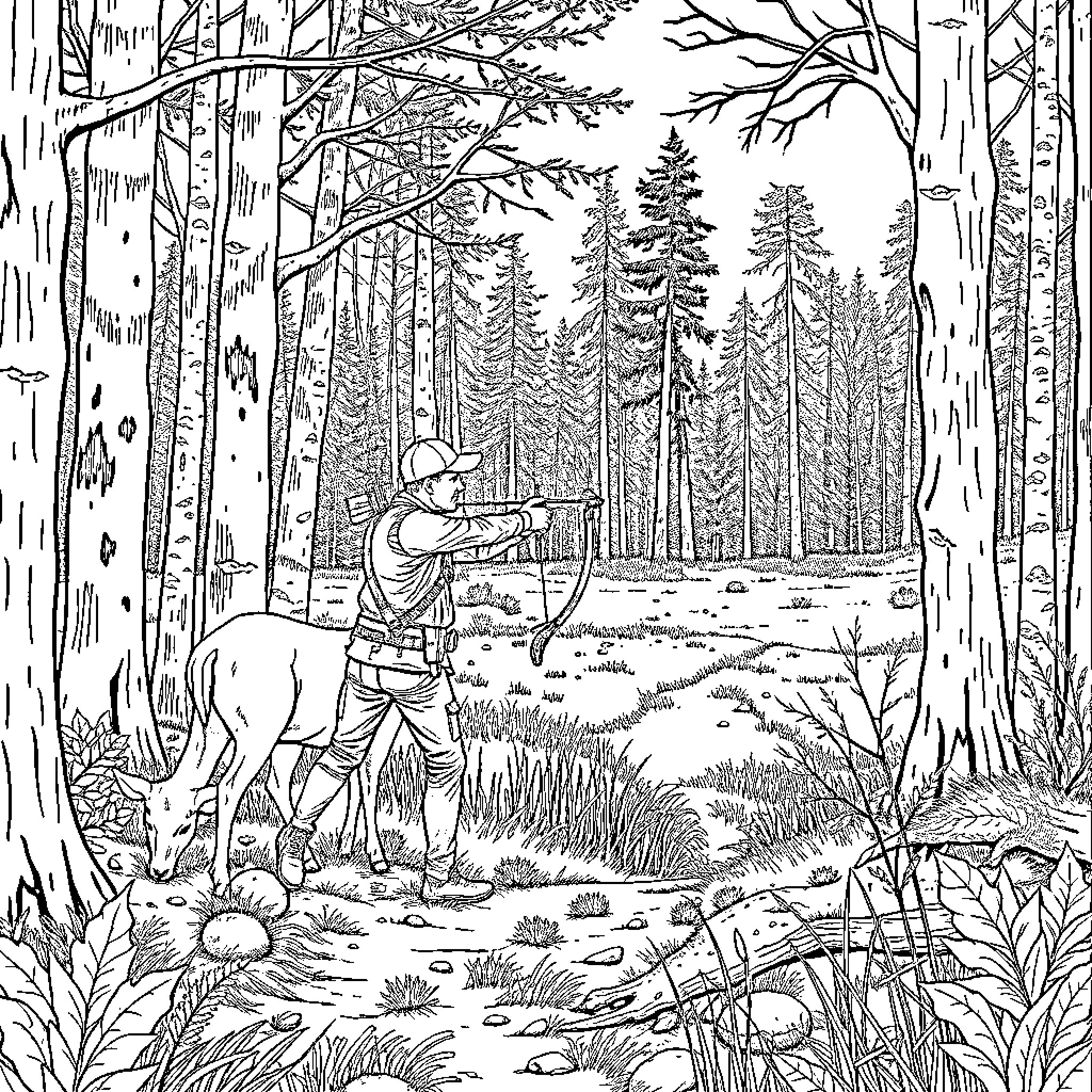 Deer hunter in the forest wilderness Coloring Page (free black-and-white line drawing printable PDF for all, from beginners to advanced learners, including children, teens, adults, and seniors)