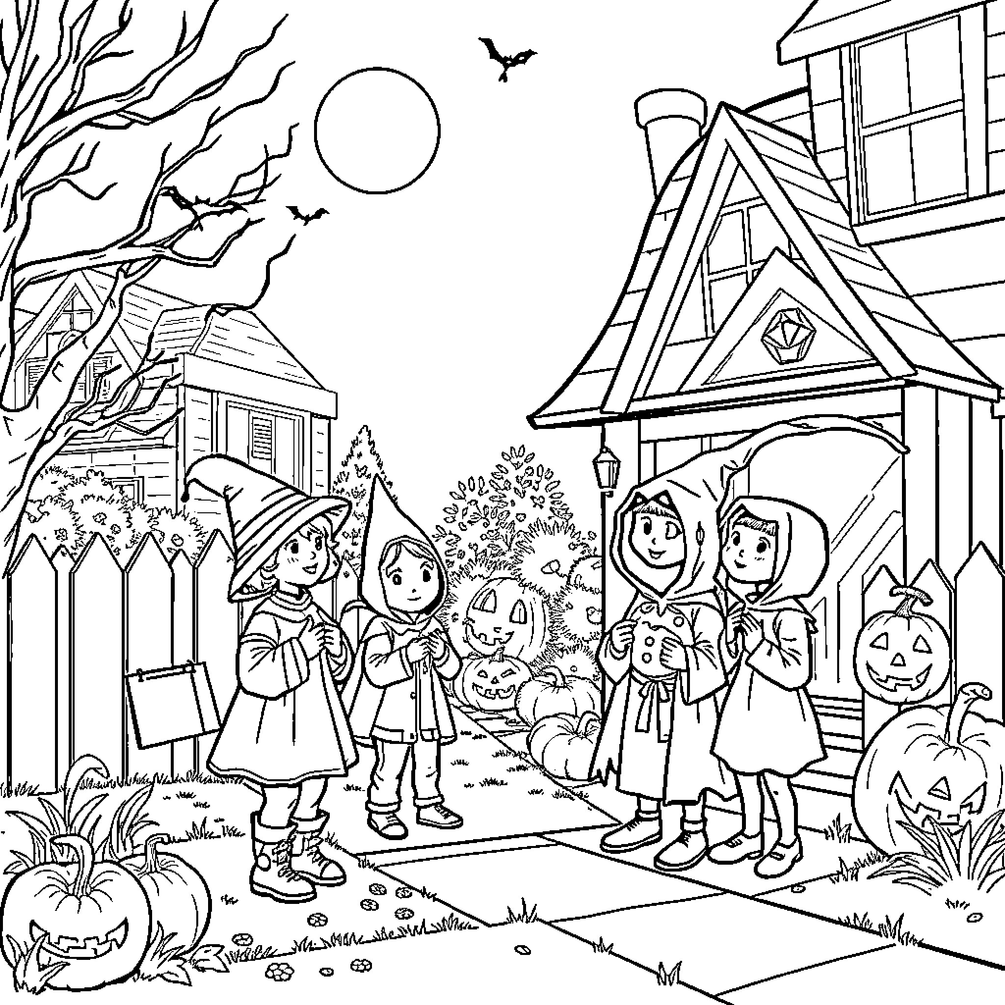 Trick or Treat: Children in Halloween Costumes Trick-or-Treating Coloring Page (free black-and-white line drawing printable PDF for all, from beginners to advanced learners, including children, teens, adults, and seniors)
