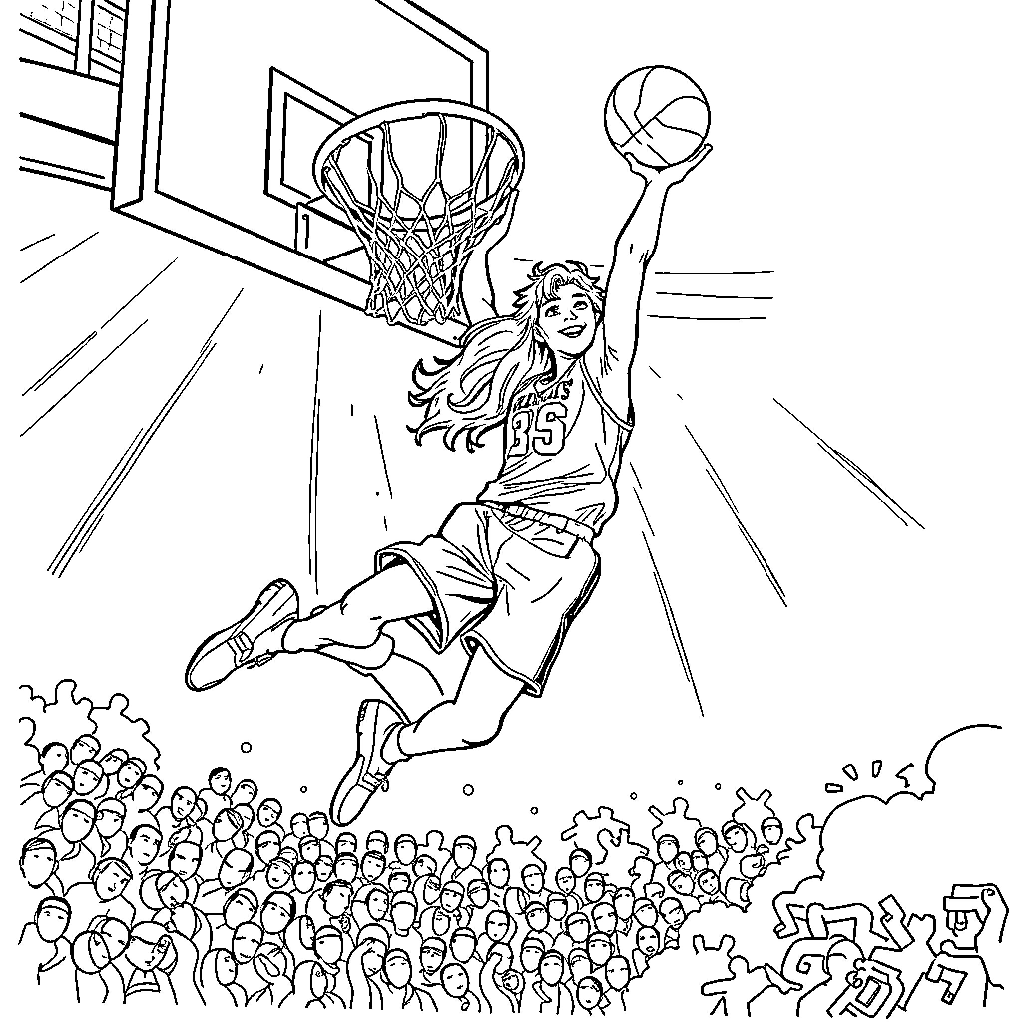Gabby Kinney's Spectacular Basketball Slam Dunk Coloring Page (free black-and-white line drawing printable PDF for all, from beginners to advanced learners, including children, teens, adults, and seniors)