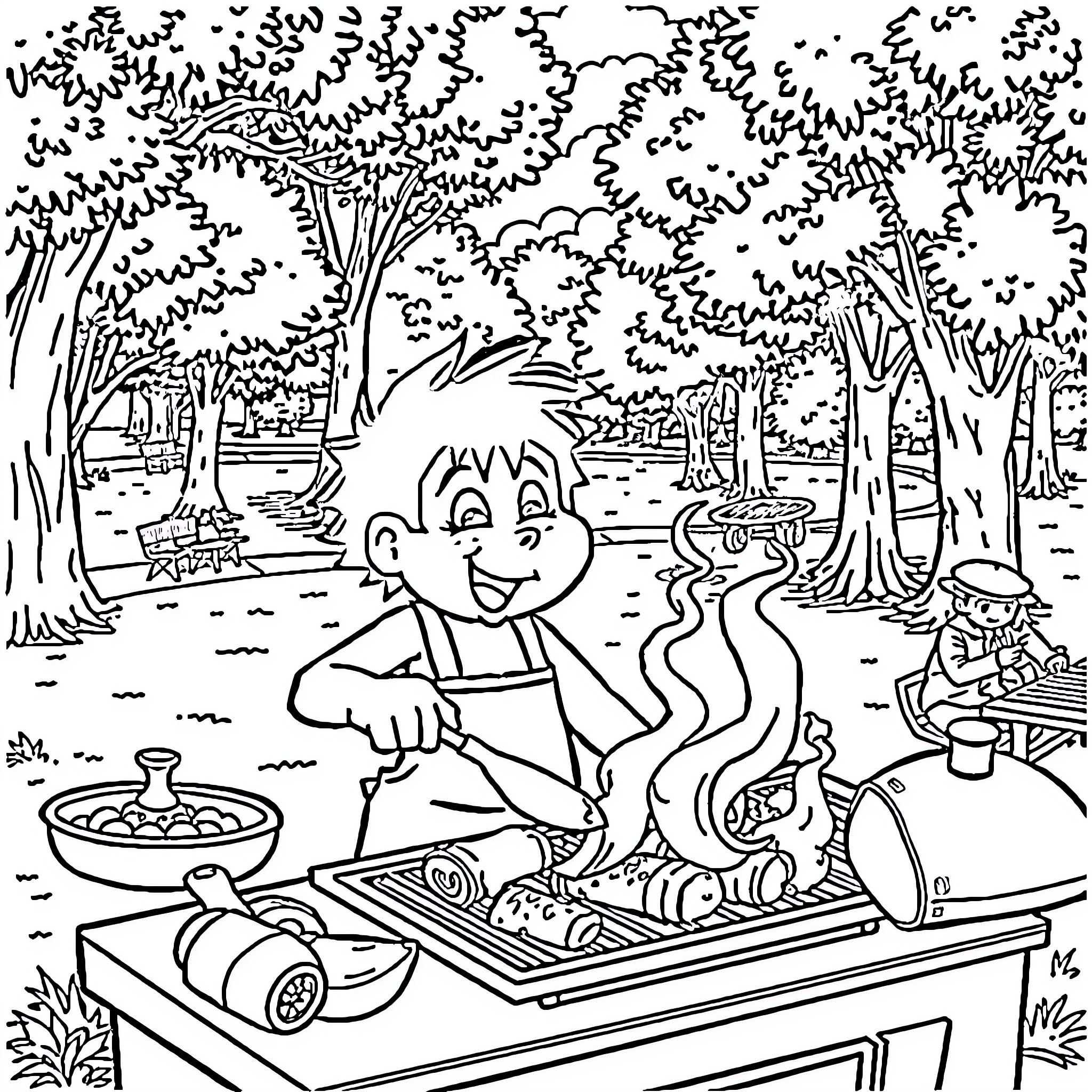 Yoshi's Fun Adventure in the Enchanted Forest Coloring Page (free black-and-white line drawing printable PDF for all, from beginners to advanced learners, including children, teens, adults, and seniors)